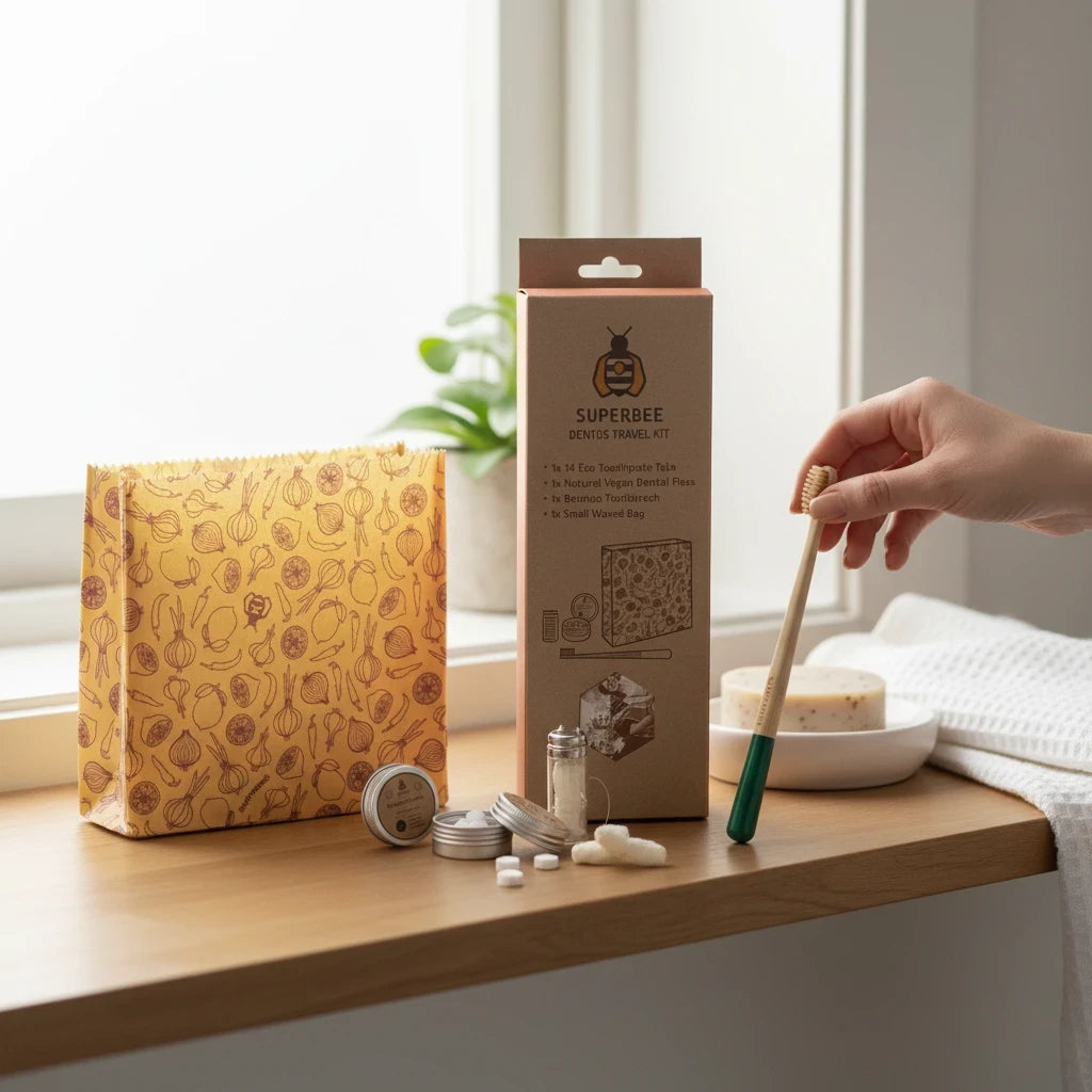 SuperBee Australia Dentos dental travel kit with bamboo toothbrush, plastic-free toothpaste, and beeswax storage bag