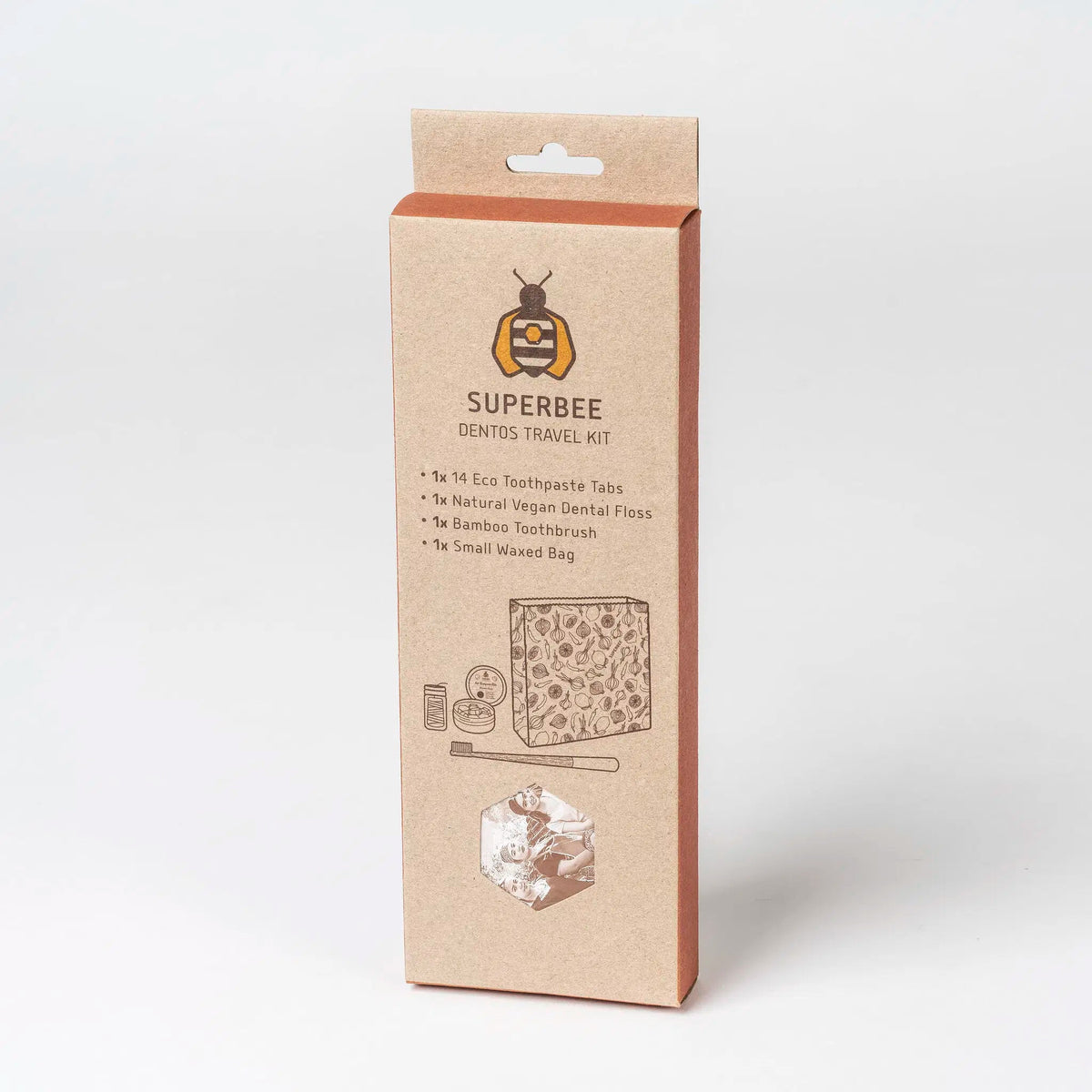 SuperBee Australia Dentos dental travel kit in a brown cardboard box with eco-friendly oral care essentials