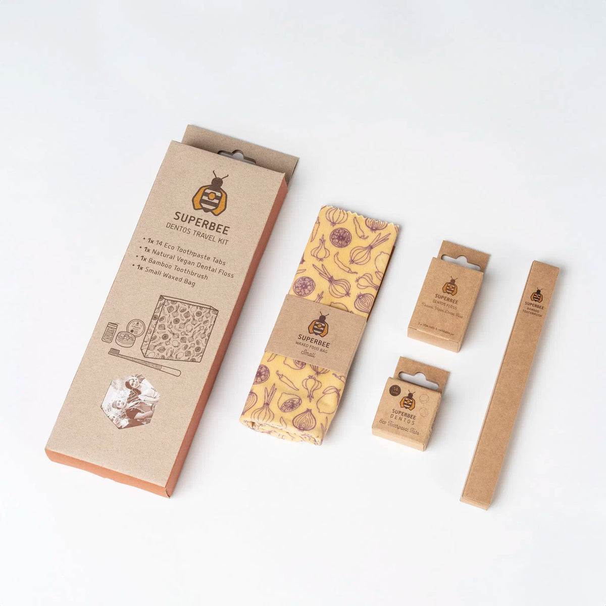 SuperBee Australia Dentos dental travel kit with bamboo toothbrush, vegan floss, and beeswax bag in plastic-free boxes