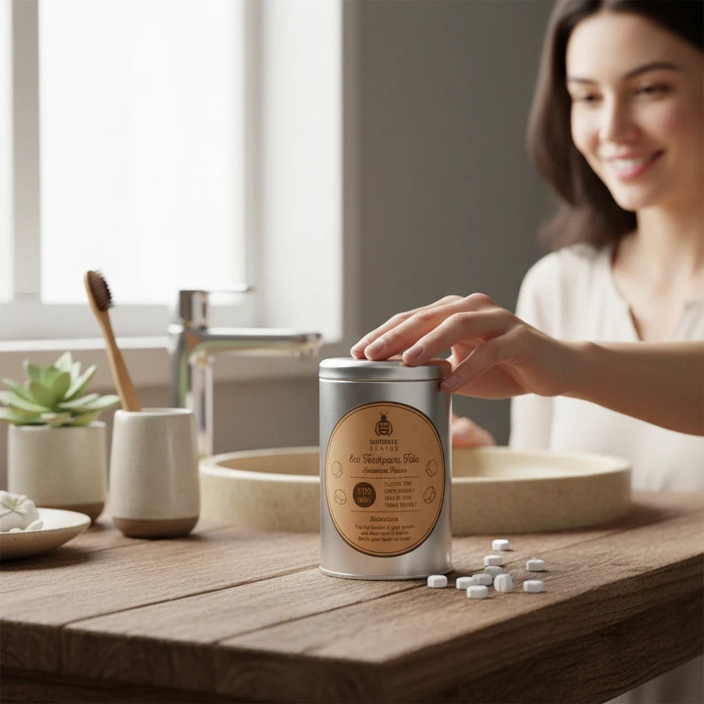 SuperBee Australia Dentos toothpaste tablets in a metal tin on a wooden bathroom counter with a woman in the background