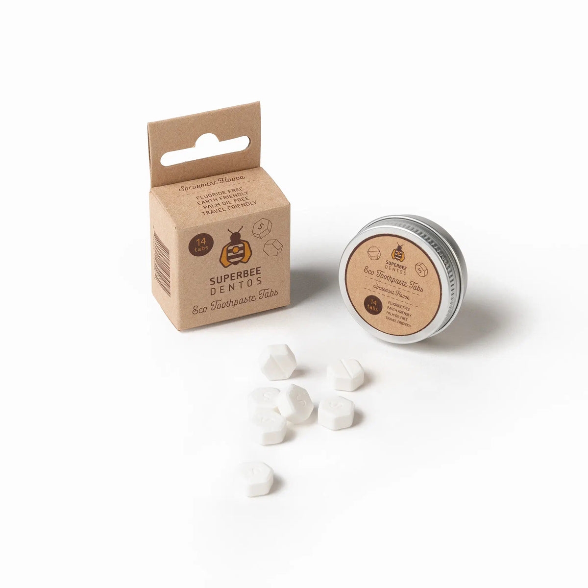 SuperBee Australia Dentos spearmint toothpaste tablets in a small cardboard box and metal tin with loose white tabs.