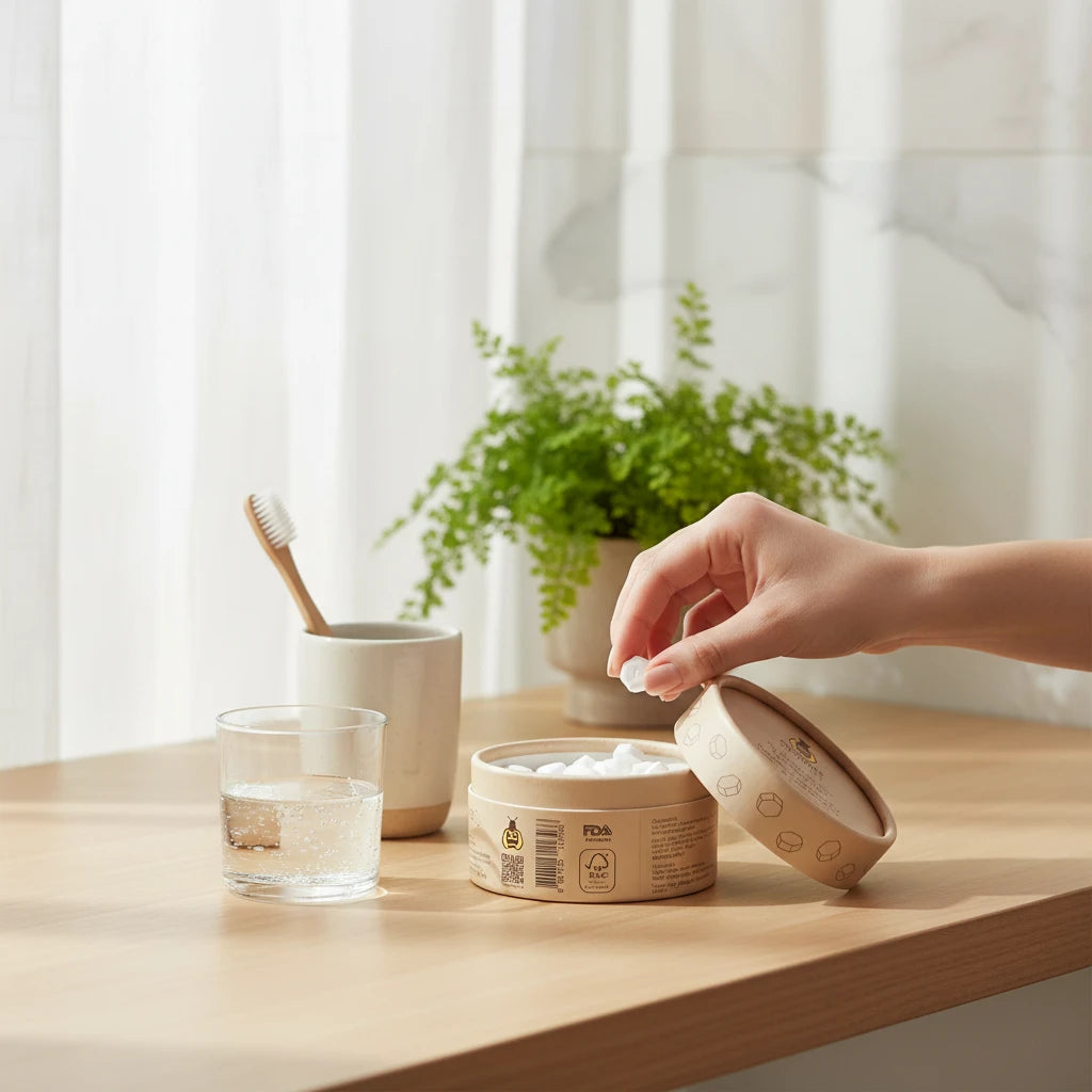 SuperBee Australia Dentos toothpaste tablets in a round cardboard container with a bamboo toothbrush on a desk