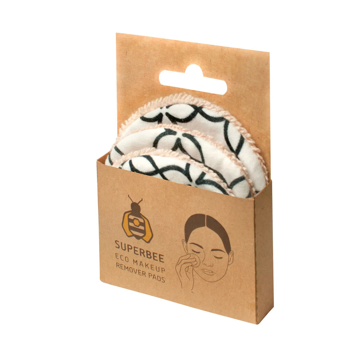 SuperBee Australia plastic-free eco makeup remover pads in a sustainable cardboard box with patterned fabric design