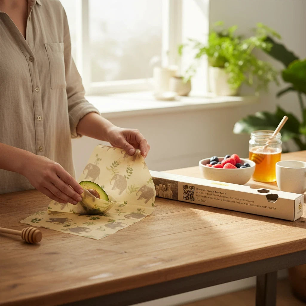 SuperBee Australia reusable beeswax wrap roll with elephant print, being used to wrap half an avocado in a kitchen.