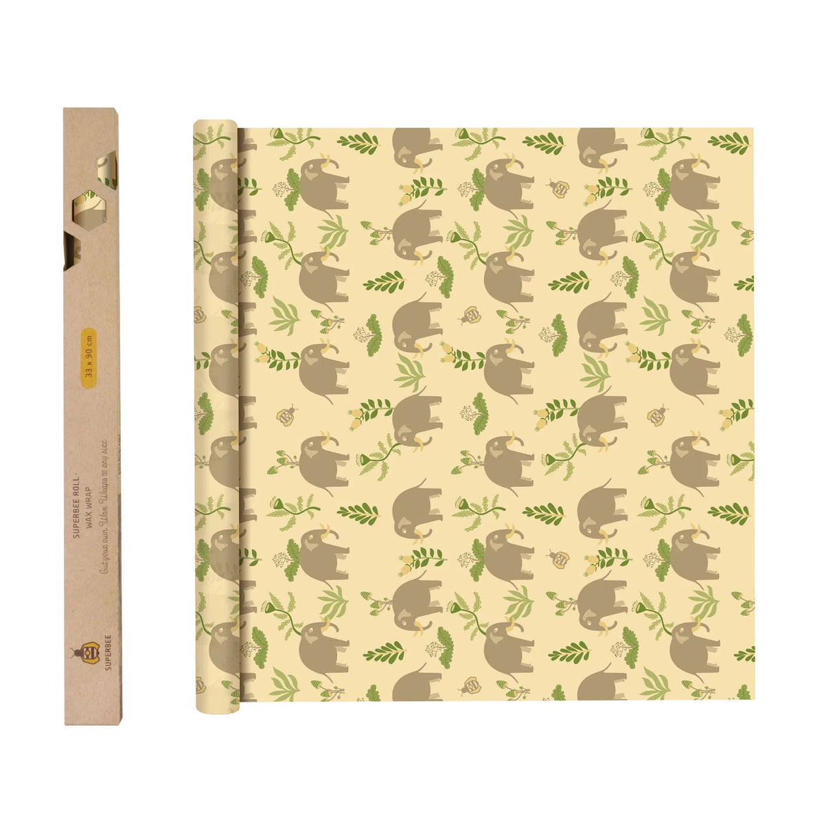 SuperBee Australia reusable beeswax wrap roll featuring a cute elephant and botanical print on a light yellow background