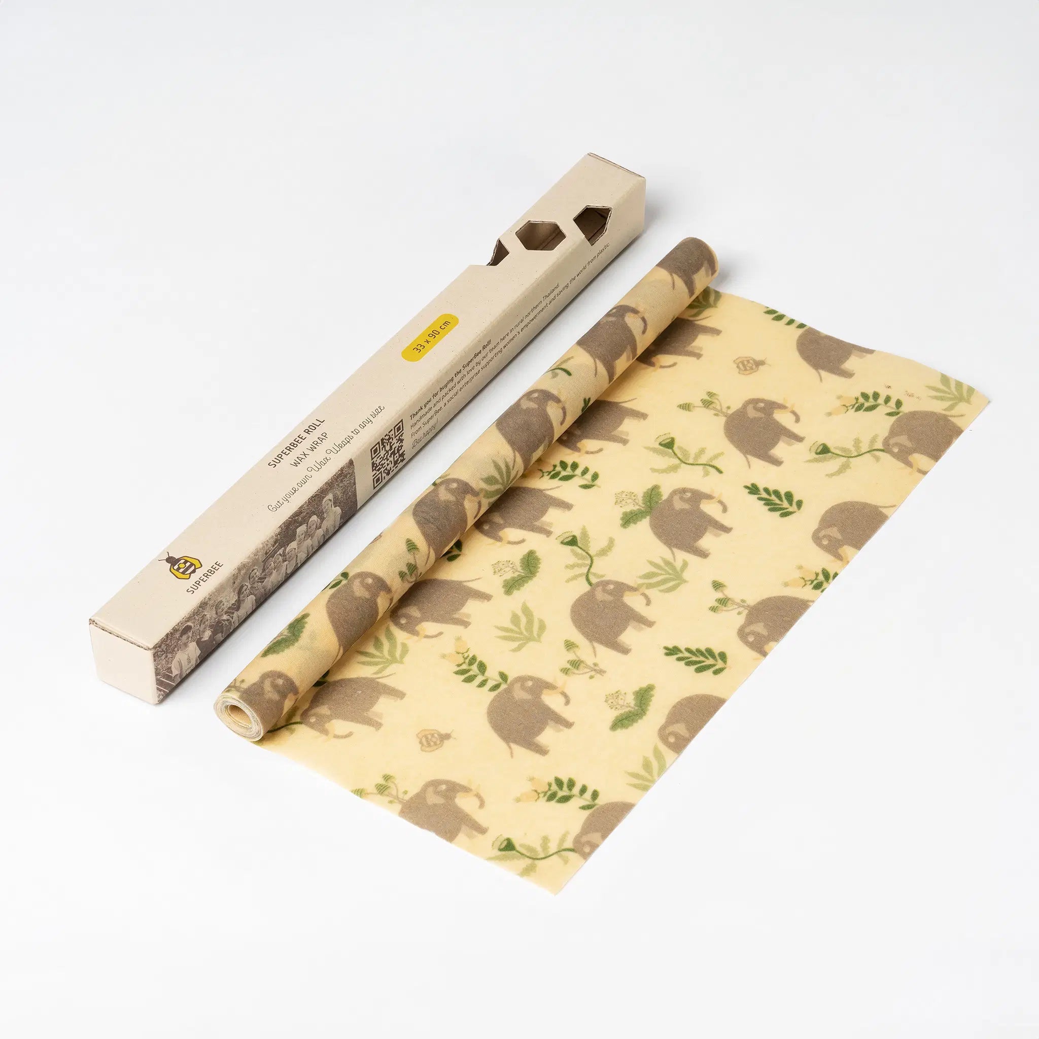 SuperBee Australia beeswax wrap roll with a cute elephant and leaf pattern, sustainable food storage alternative.