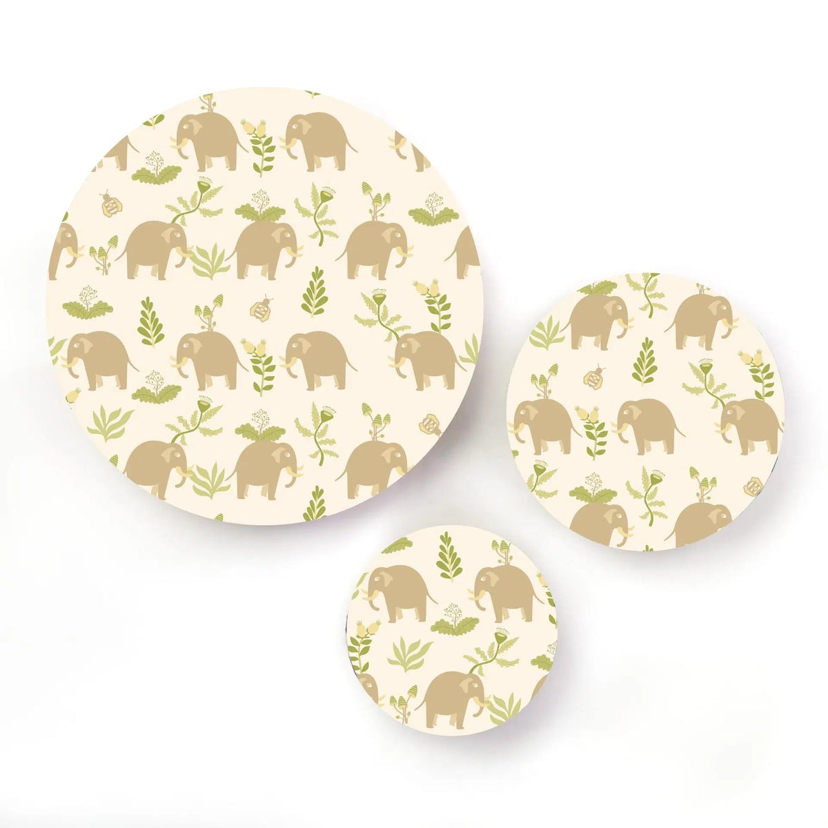 SuperBee Australia beeswax wrap set featuring a cute elephant and botanical print in cream, green, and beige tones.