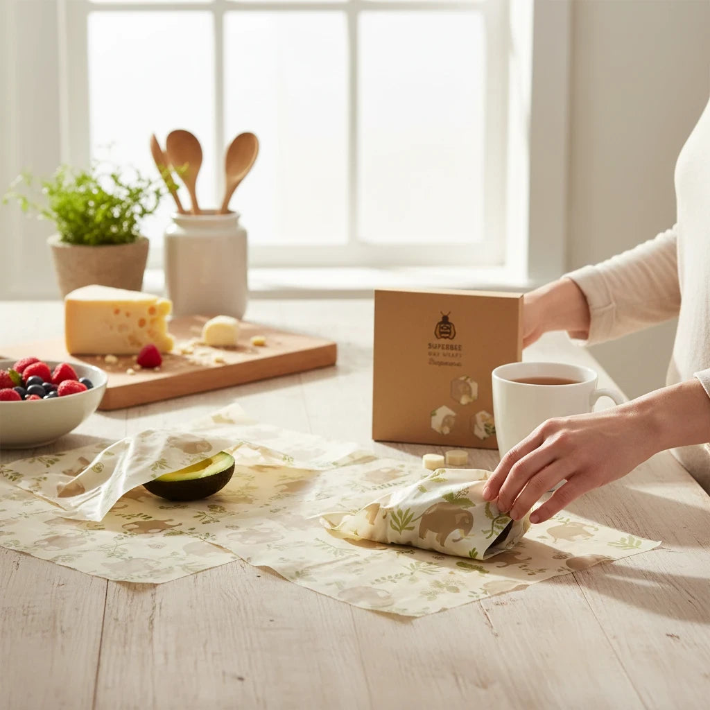 SuperBee Australia beeswax wrap Beeginner set with elephant print covering avocado and food on a kitchen table