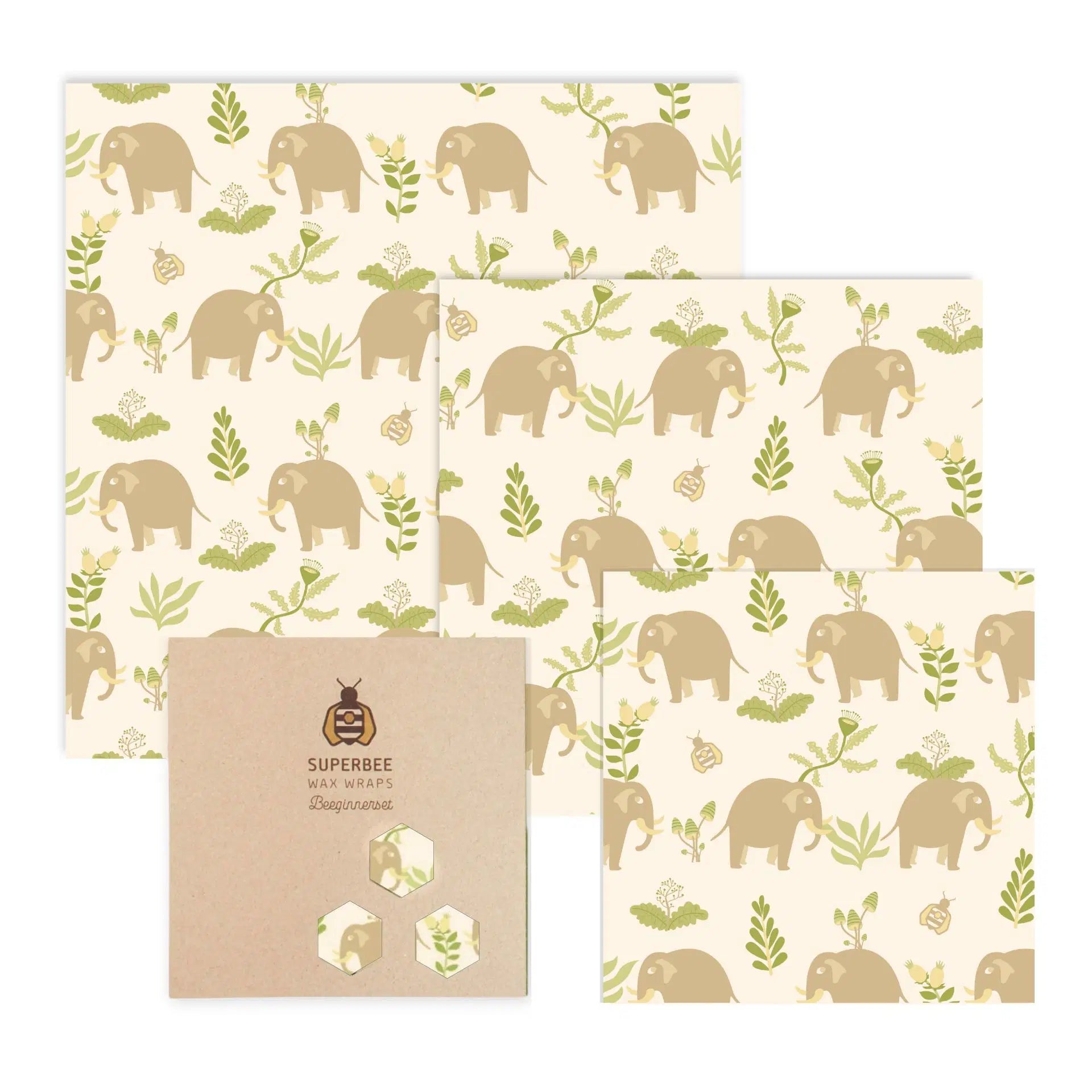 SuperBee Australia beeswax wrap Beeginner set featuring three reusable sheets with a beige elephant and plant pattern.