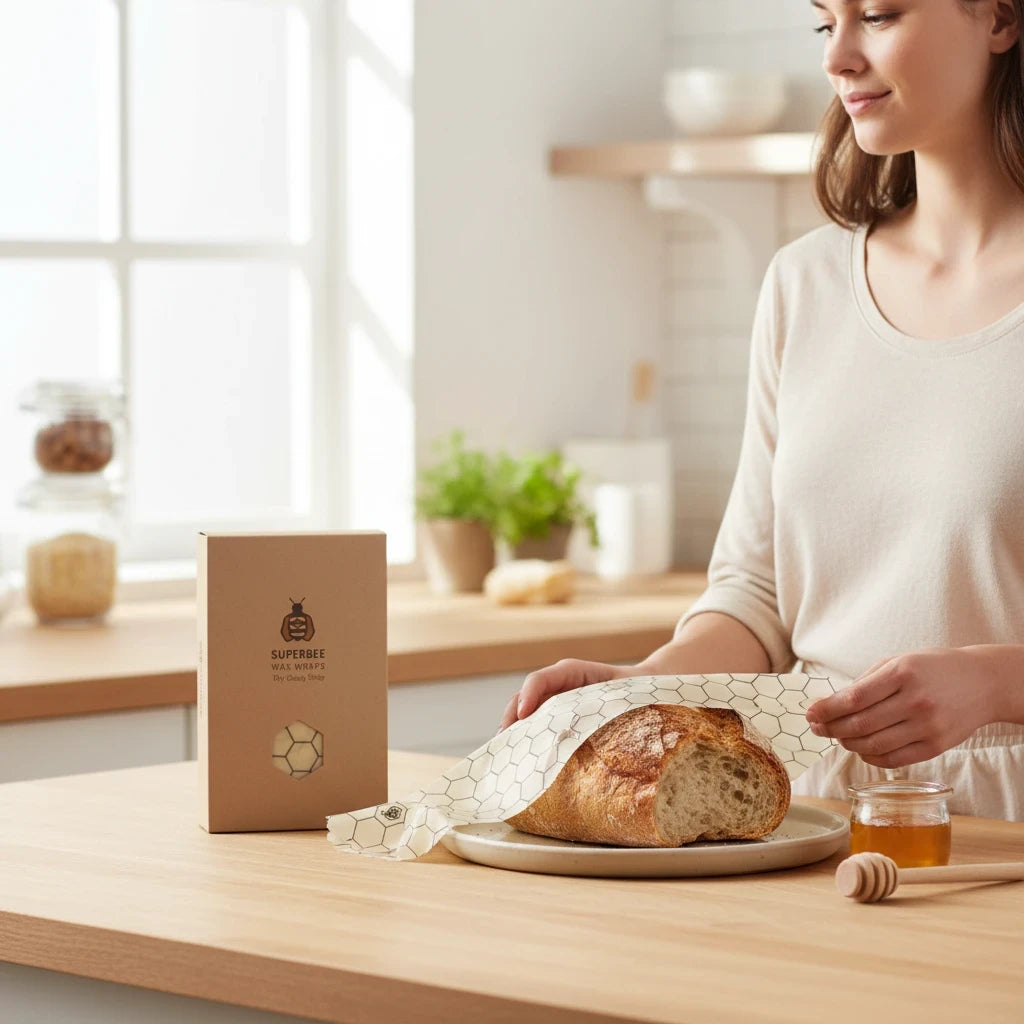 SuperBee Australia extra large beeswax wrap with a white hexagon pattern covering a loaf of bread on a kitchen counter