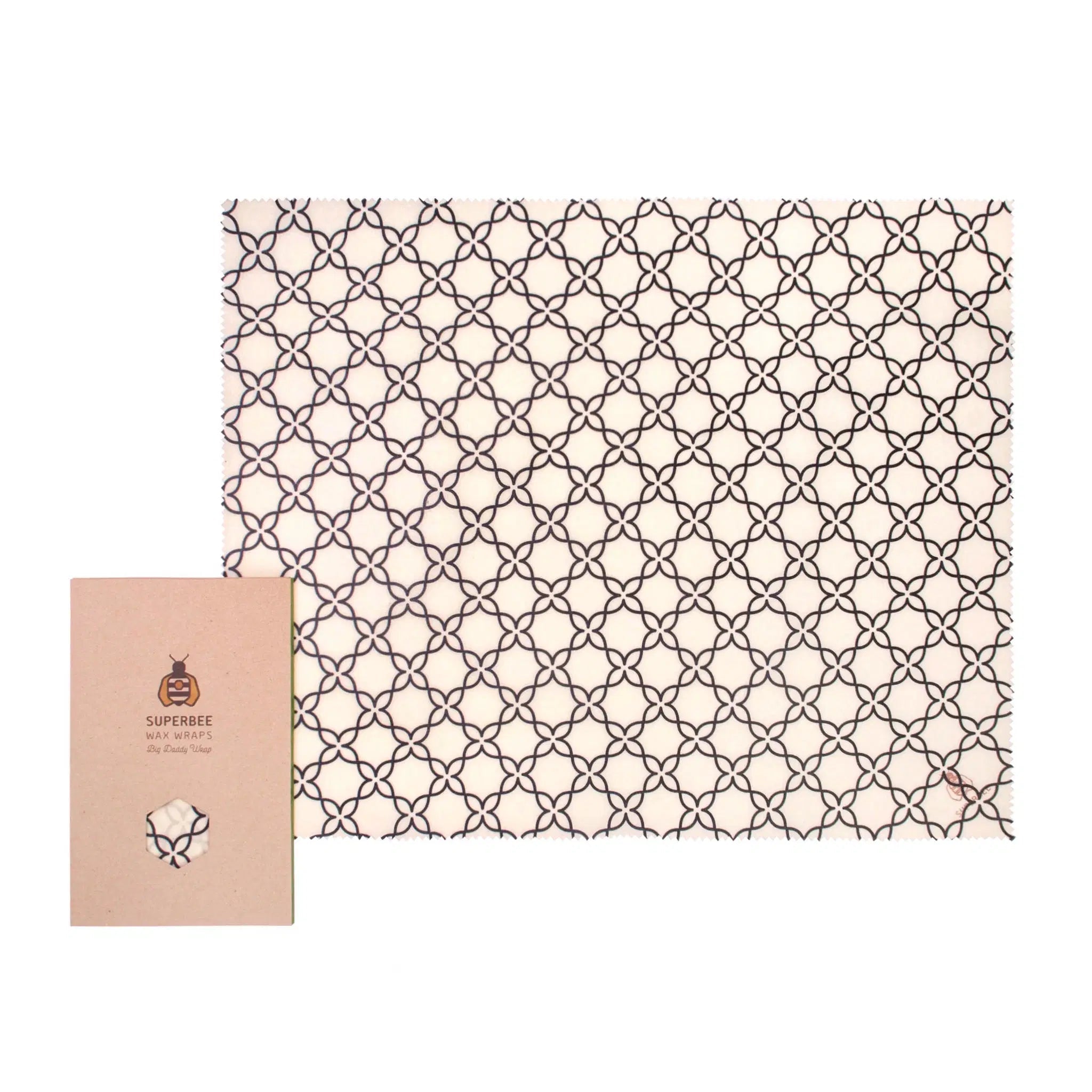 SuperBee Australia extra large reusable beeswax wrap in Meadow pattern with geometric black print on cream fabric