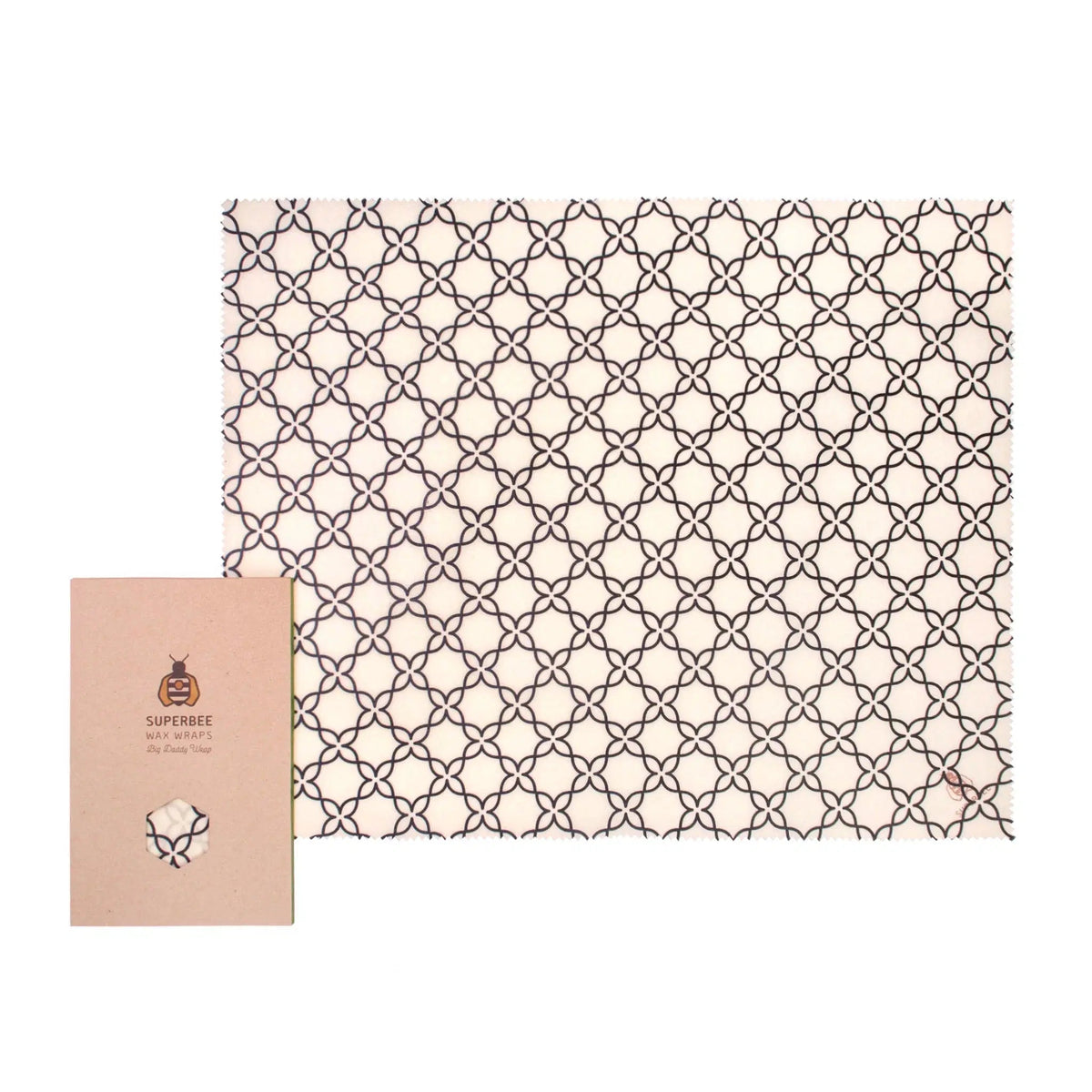SuperBee Australia extra large reusable beeswax wrap in Meadow pattern with geometric black print on cream fabric