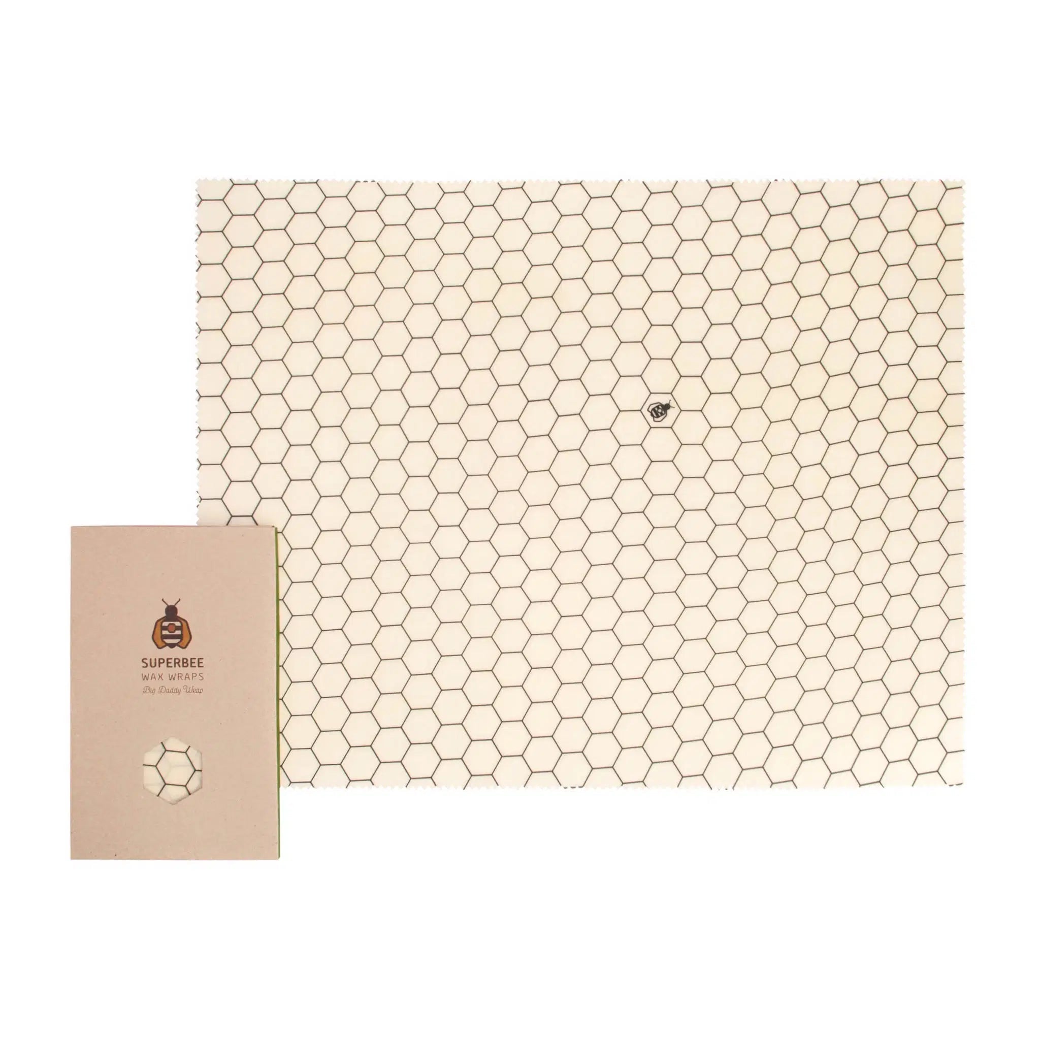 SuperBee Australia extra large reusable beeswax wrap with a cream and black hexagonal pattern for sustainable storage.