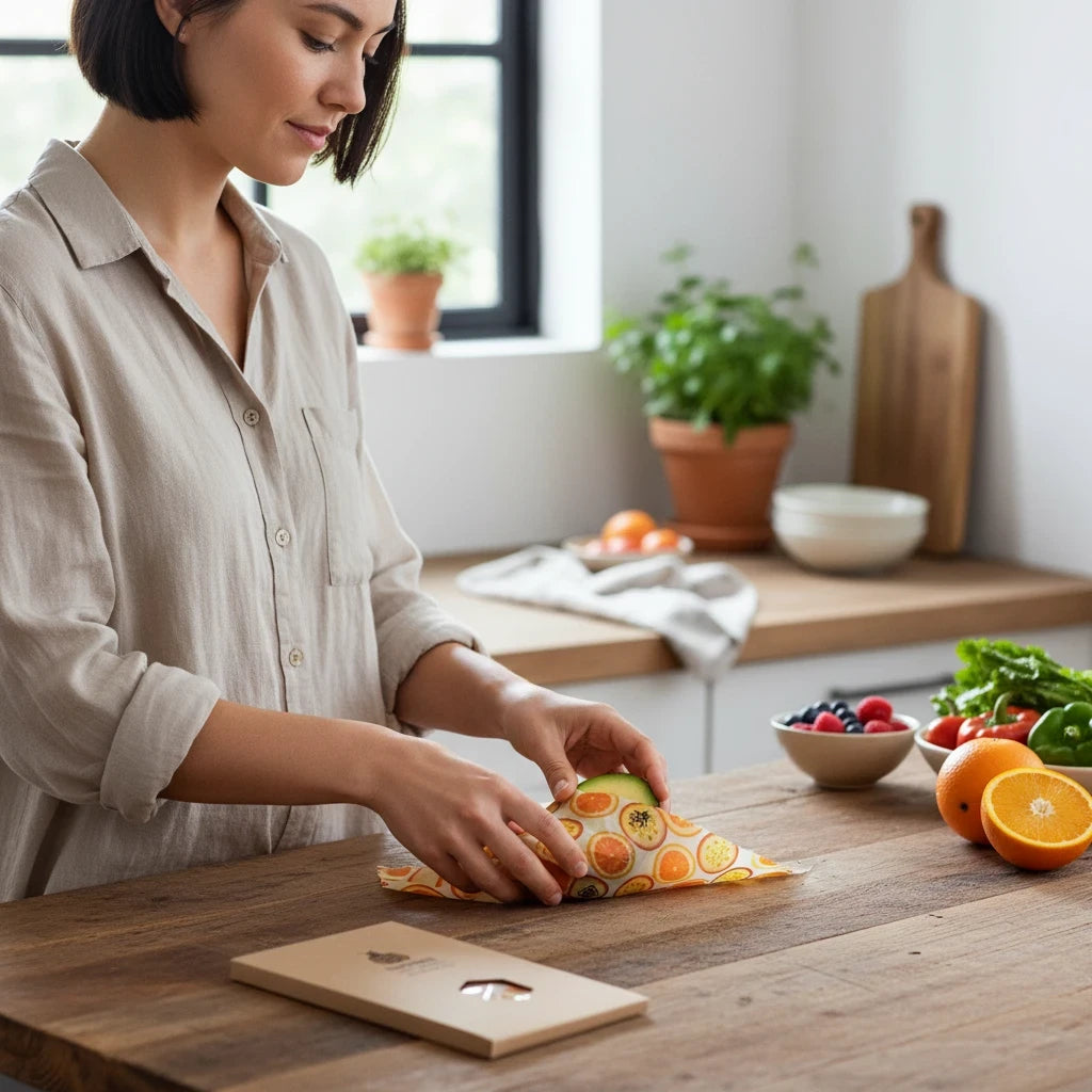 SuperBee Australia extra large beeswax wrap with passion fruit print being used to wrap produce in a kitchen.