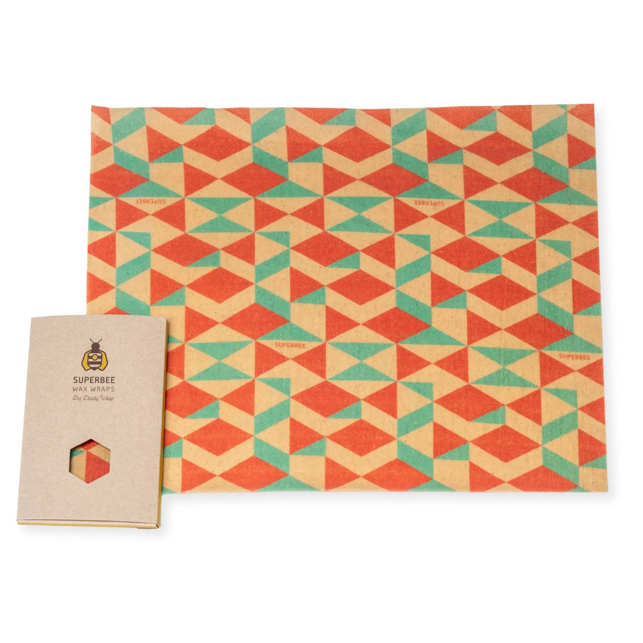 SuperBee Australia extra large reusable beeswax wrap with a retro geometric pattern in orange and teal