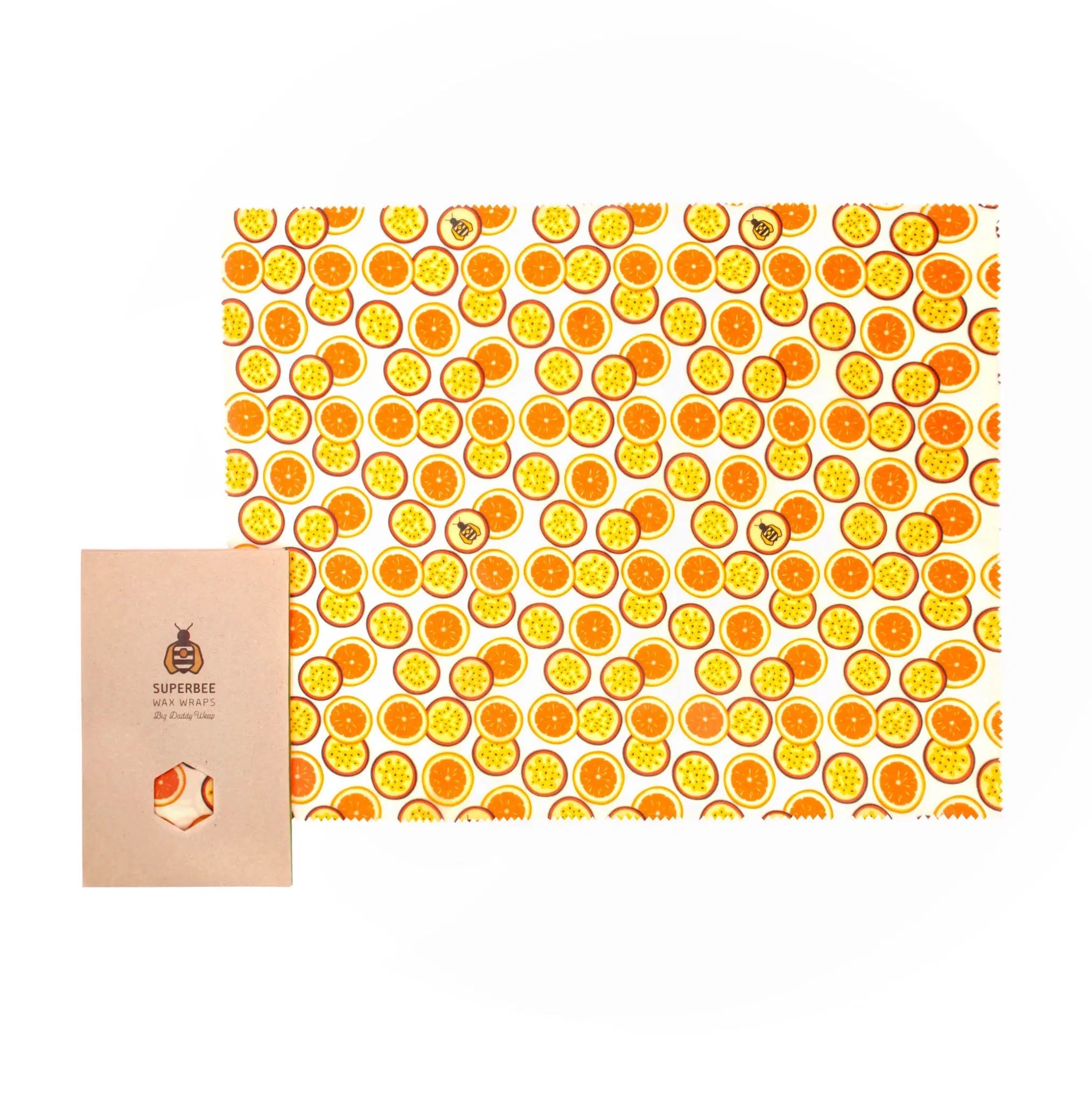 SuperBee Australia extra large beeswax wrap with a vibrant passion fruit print for sustainable food storage