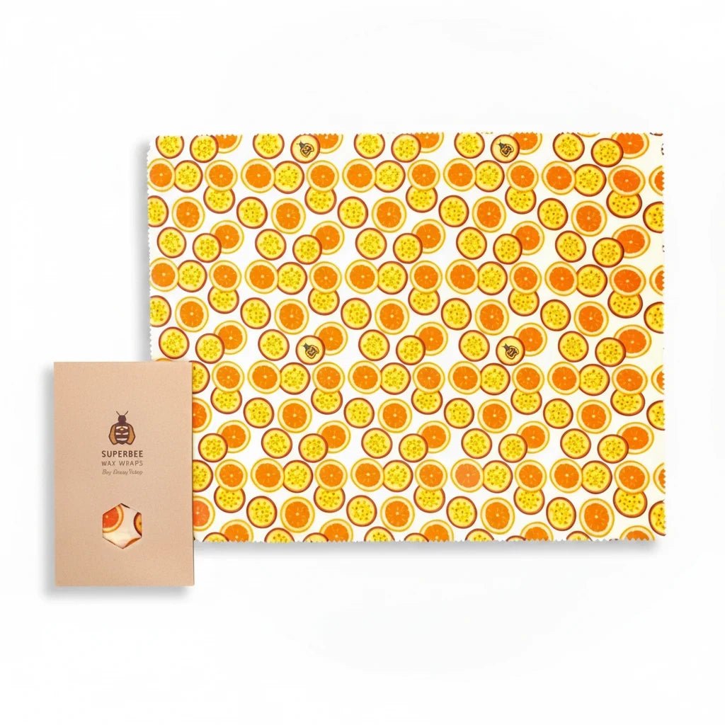 SuperBee Australia extra large reusable beeswax wrap with a vibrant passion fruit pattern on a white background.