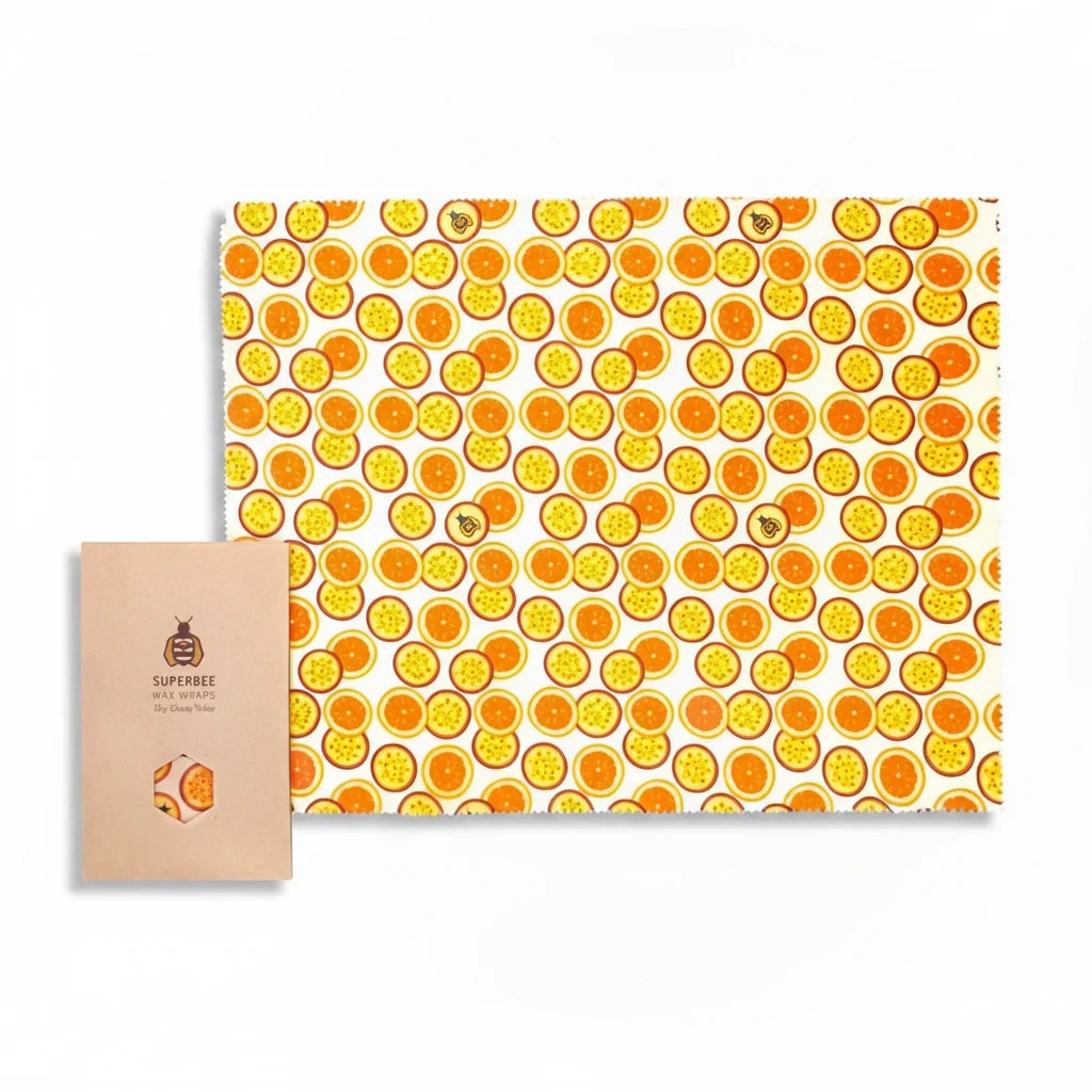 SuperBee Australia extra large reusable beeswax wrap with a vibrant passion fruit print for sustainable food storage.