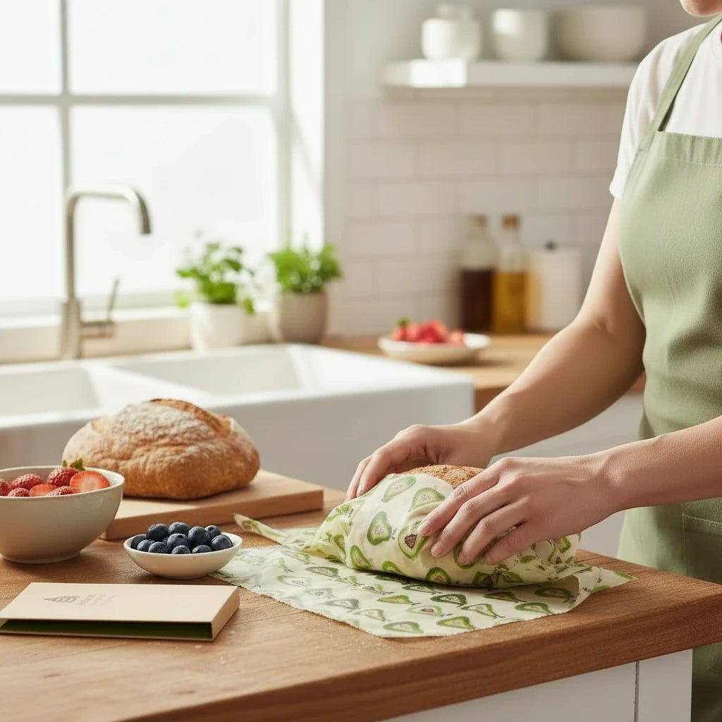 SuperBee Australia extra large beeswax wrap with pear pattern being used to wrap a loaf of bread in a kitchen.