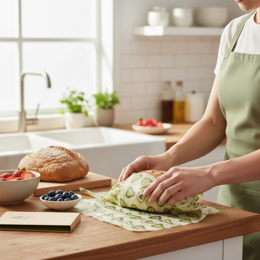 SuperBee Australia extra large beeswax wrap with pear pattern, used to wrap a loaf of bread in a bright kitchen.