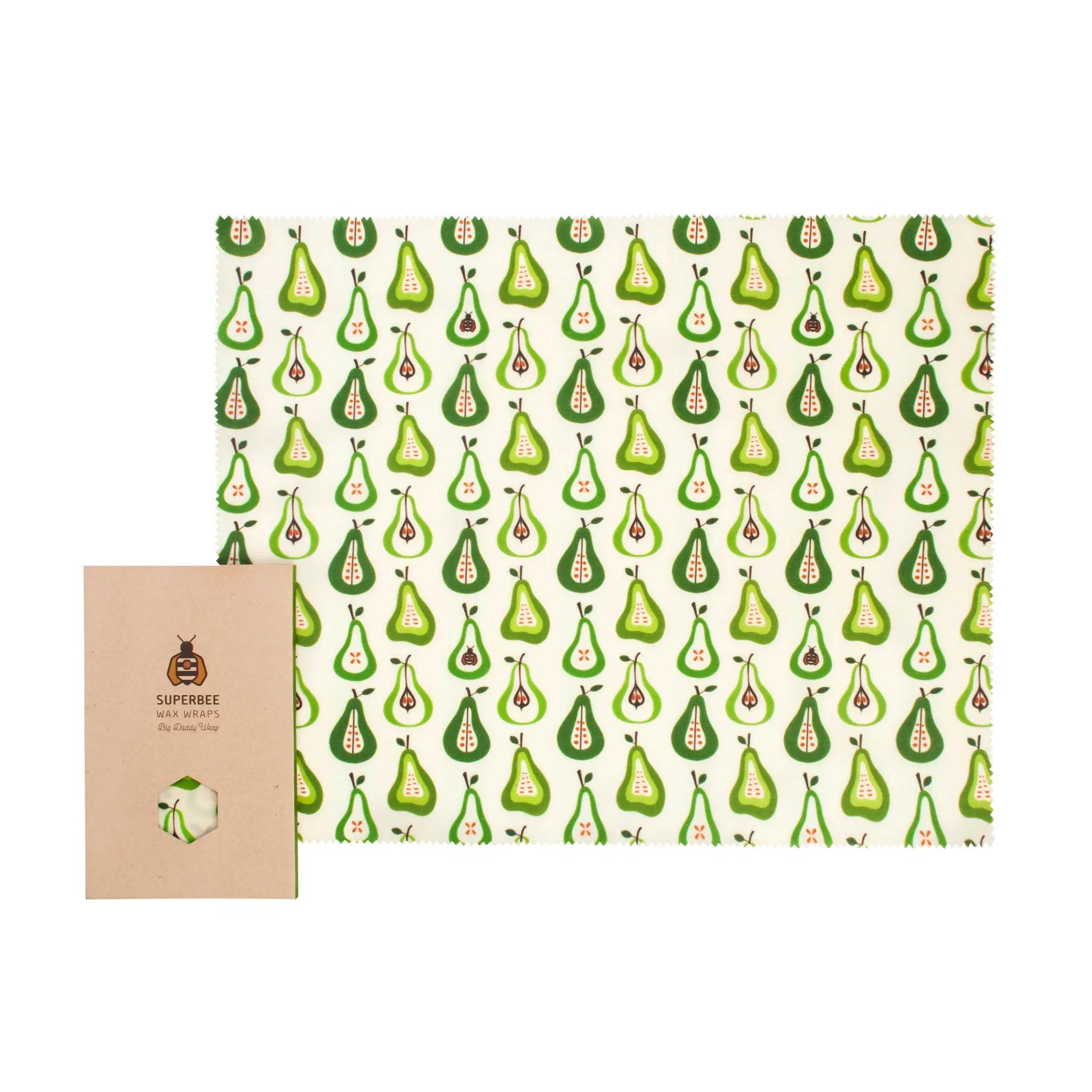SuperBee Australia extra large beeswax wrap with a green pear pattern on a cream background for sustainable storage