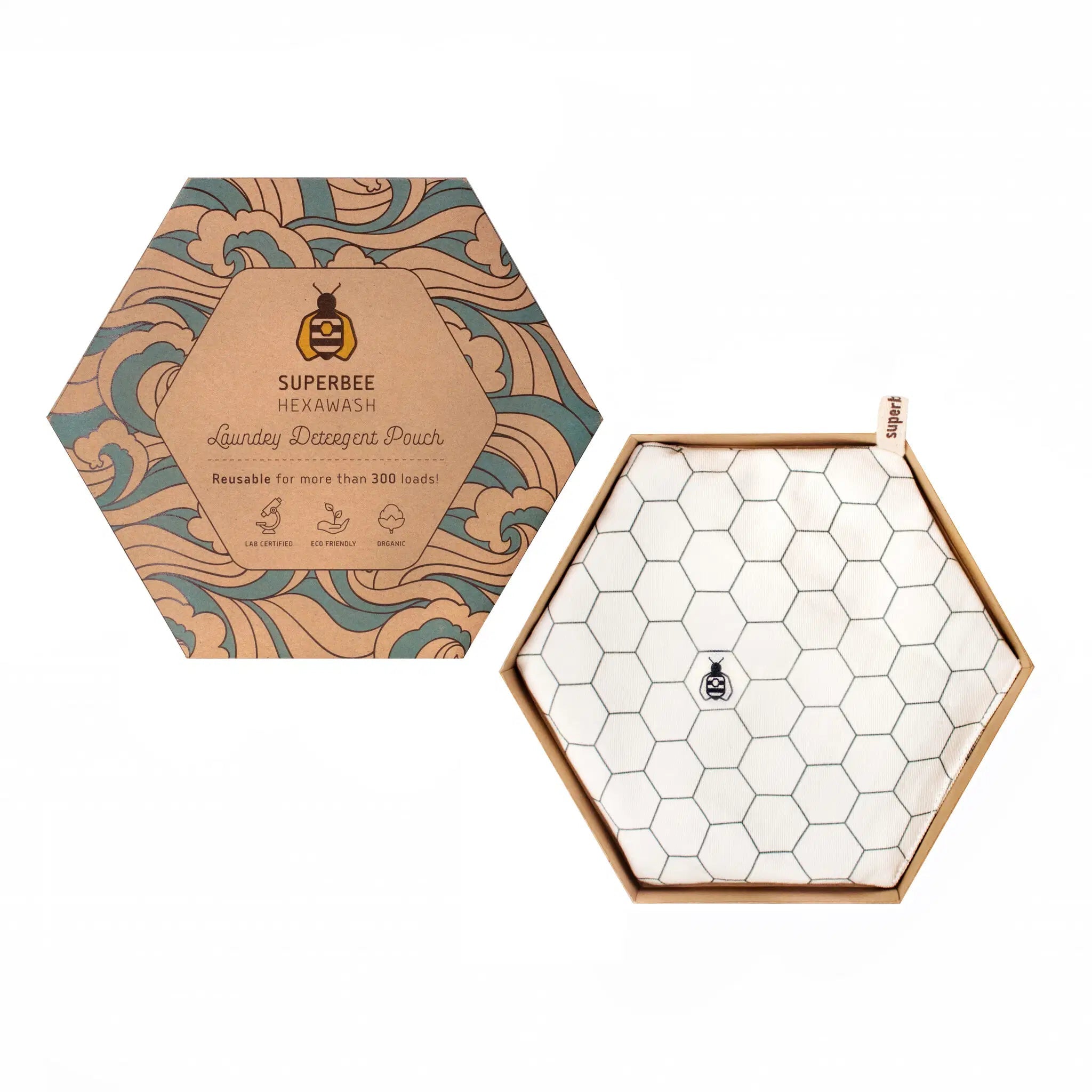 SuperBee Australia plastic-free laundry starter kit with a hexagonal Hexawash magnesium pouch in a decorative box