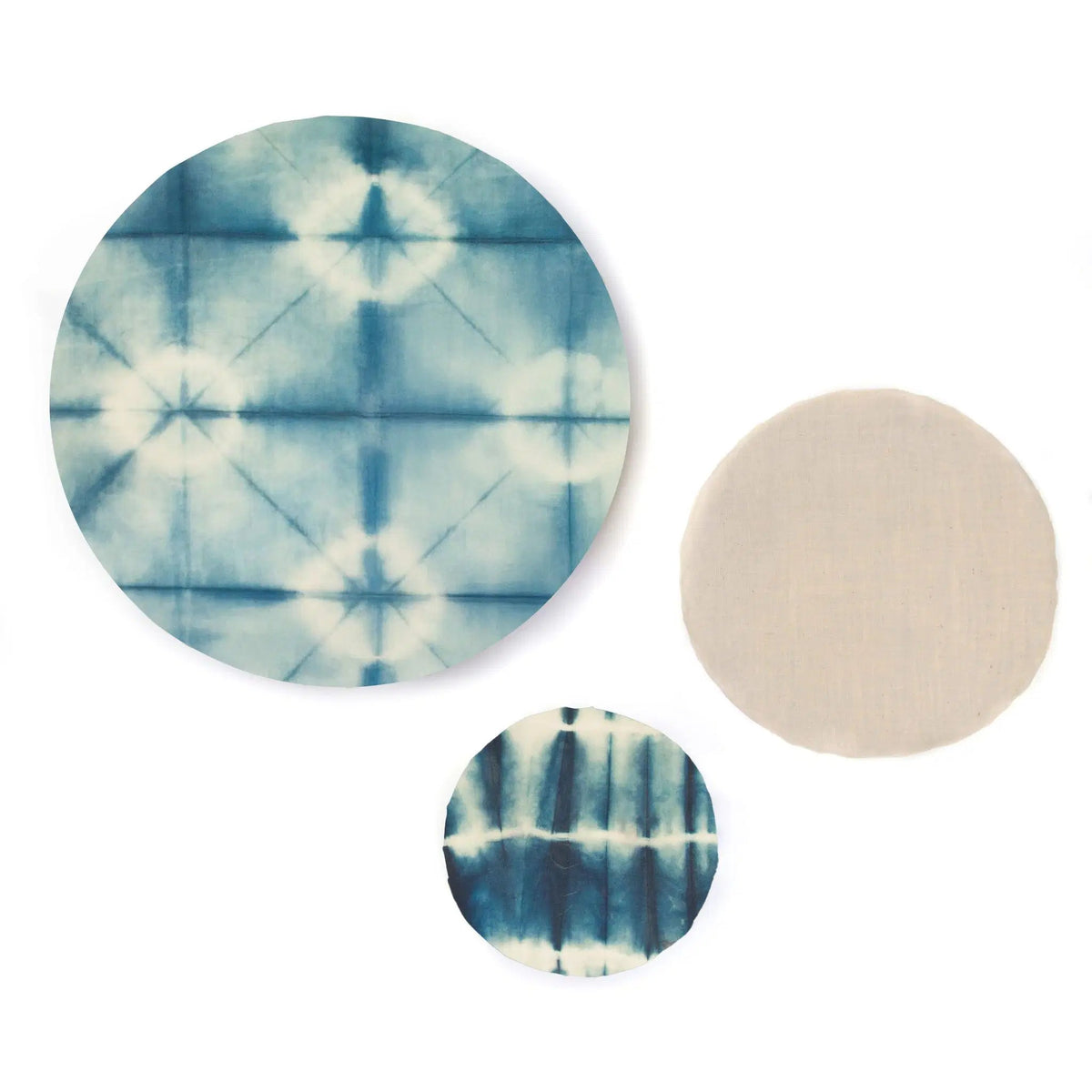 SuperBee Australia beeswax wrap Beeginner set in indigo tie-dye and natural cotton patterns for sustainable food storage
