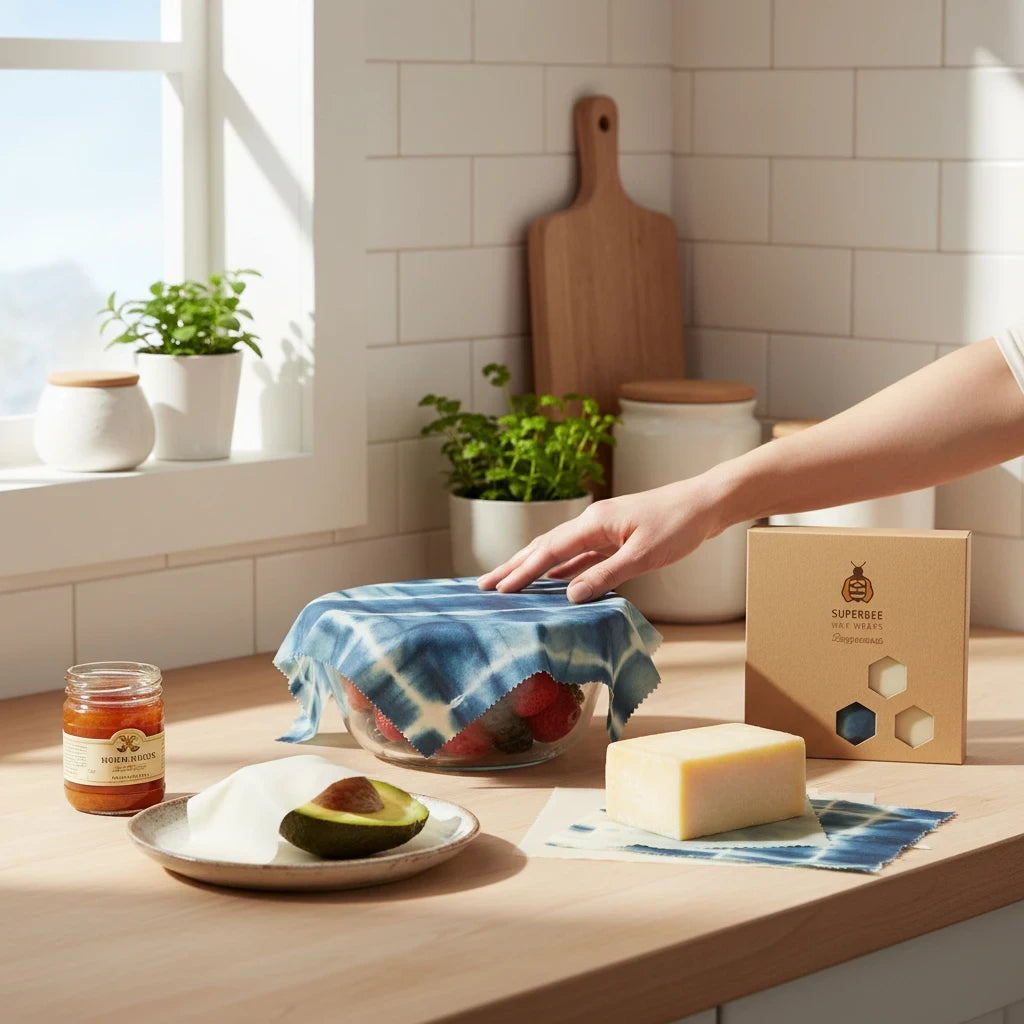 SuperBee Australia indigo beeswax wrap covering a bowl of fruit on a kitchen counter with a matching gift box.