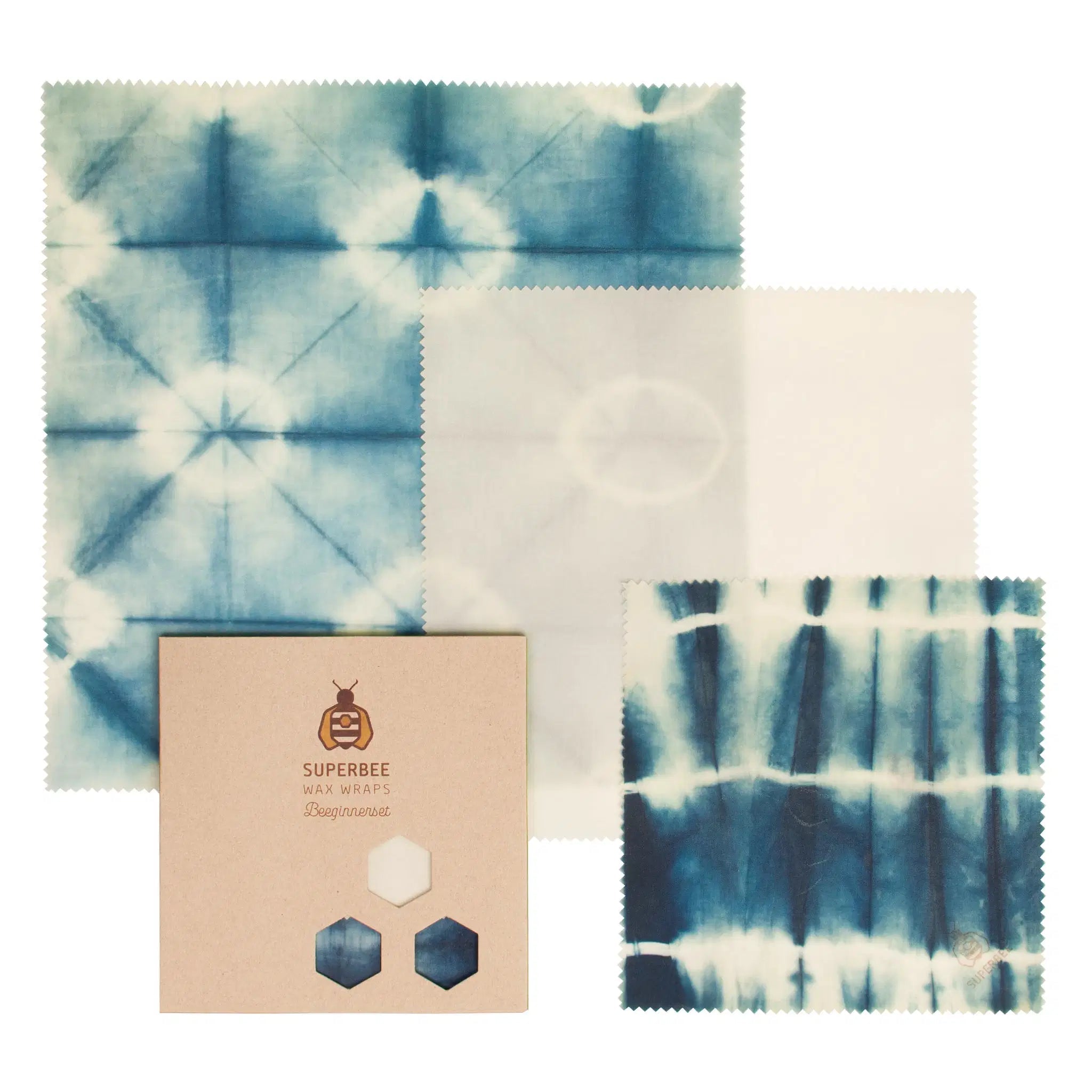 SuperBee Australia beeswax wrap Beeginner set in indigo tie-dye pattern, including three sizes of compostable wraps.