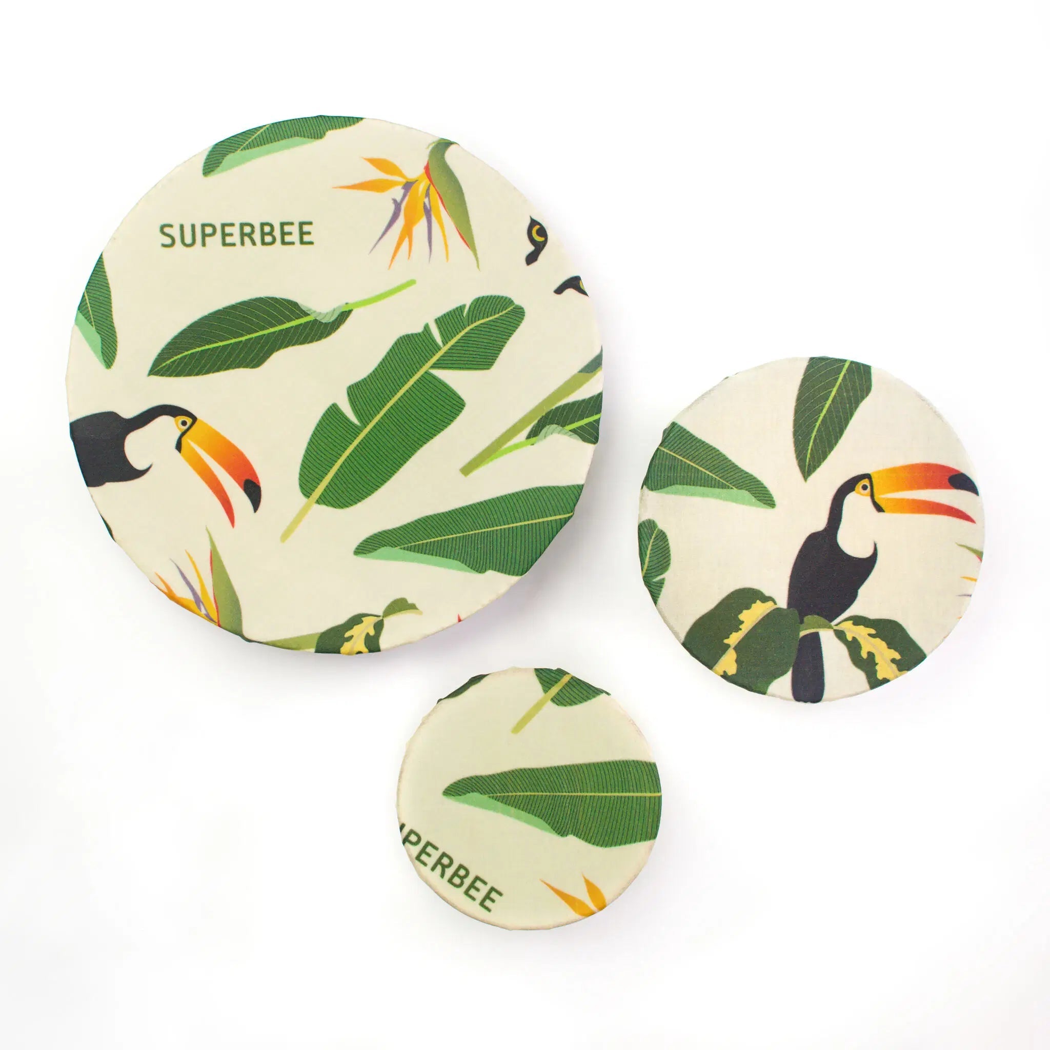 SuperBee Australia Beeginner Set of three round beeswax wraps featuring a jungle toucan and leaf print