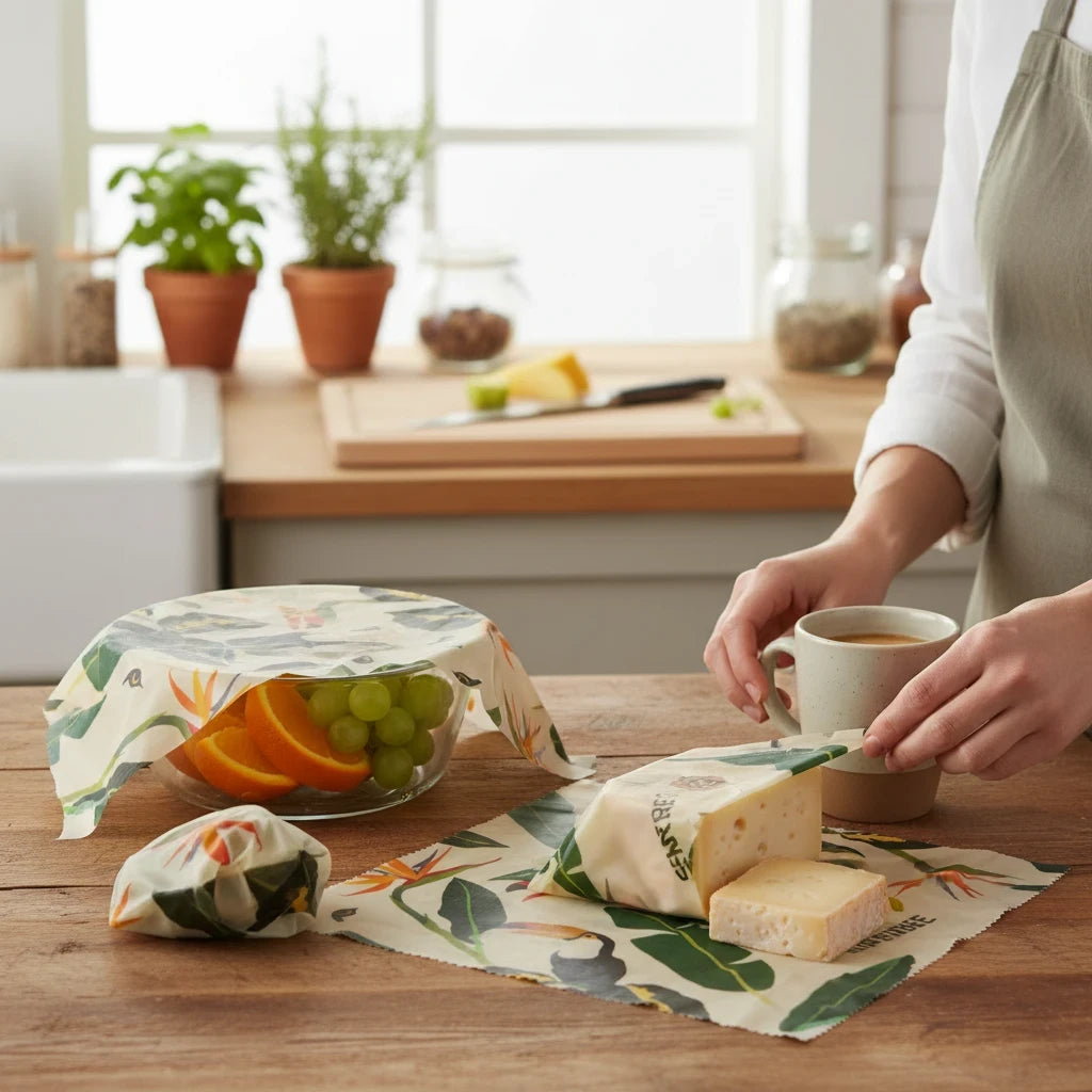 SuperBee Australia beeswax wraps in Jungle print covering a bowl of fruit and cheese on a wooden kitchen table.
