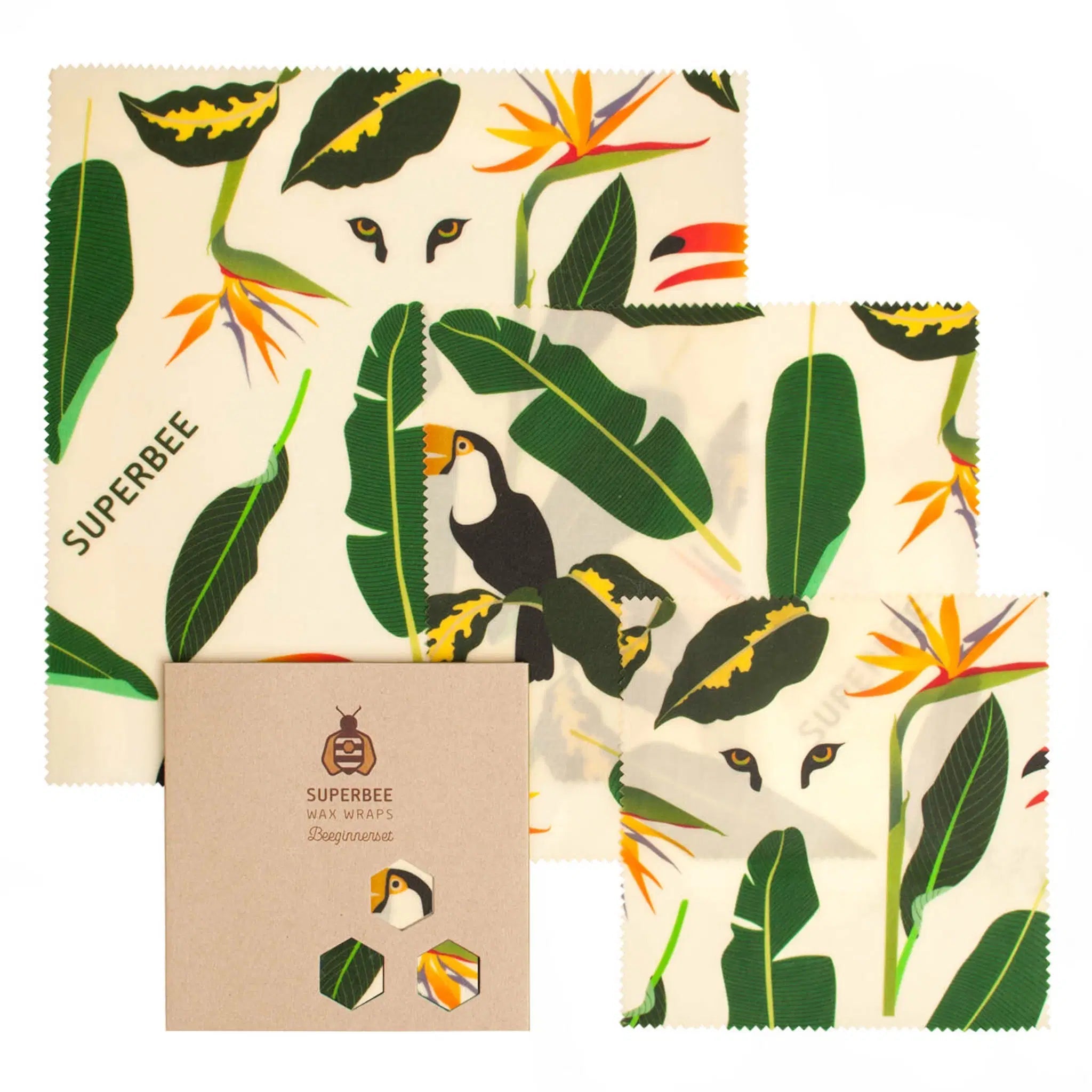SuperBee Australia beeswax wrap Beeginner set in jungle print with toucan and tropical leaf patterns