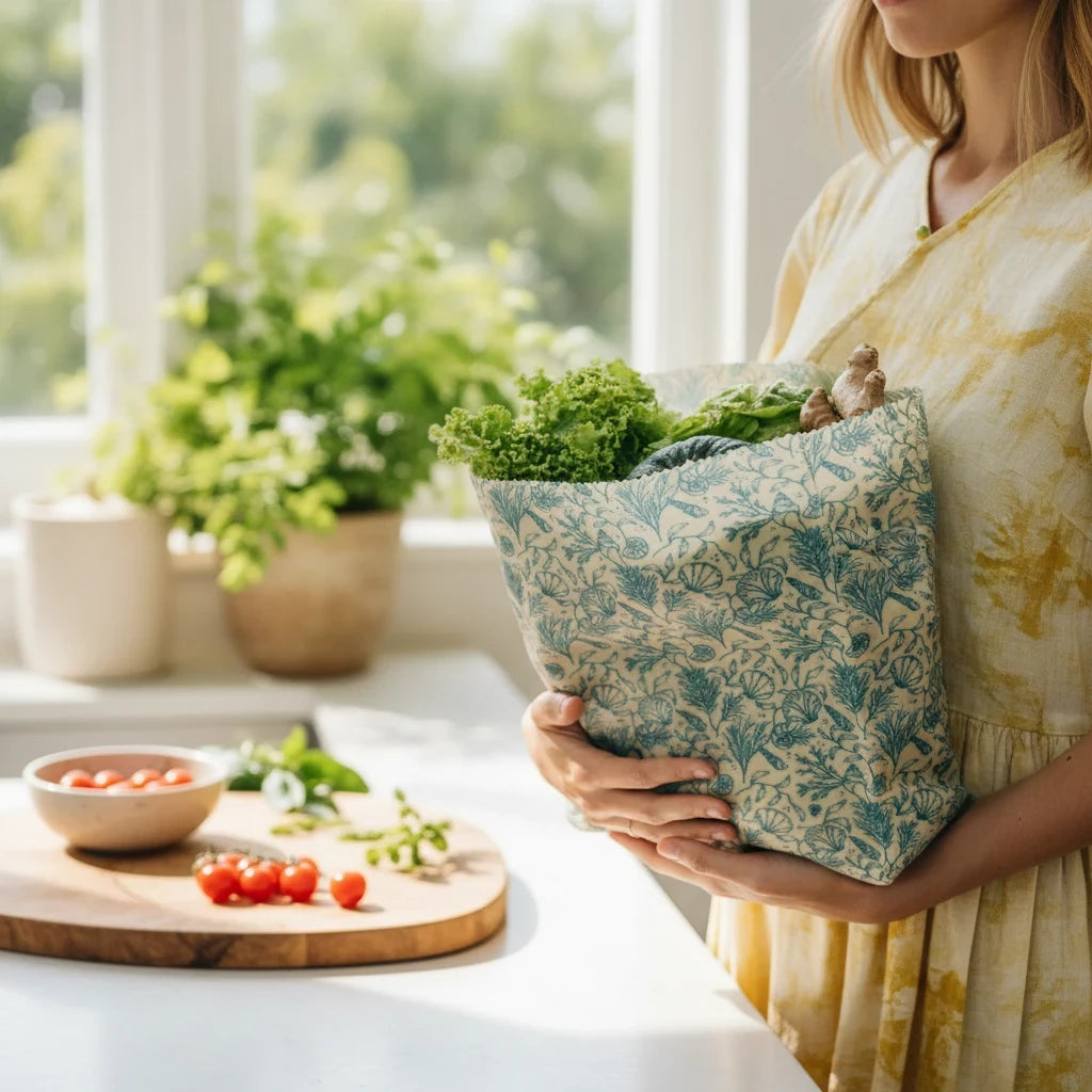 SuperBee Australia large reusable beeswax food storage bag in sea floor print, held by a woman in a kitchen.