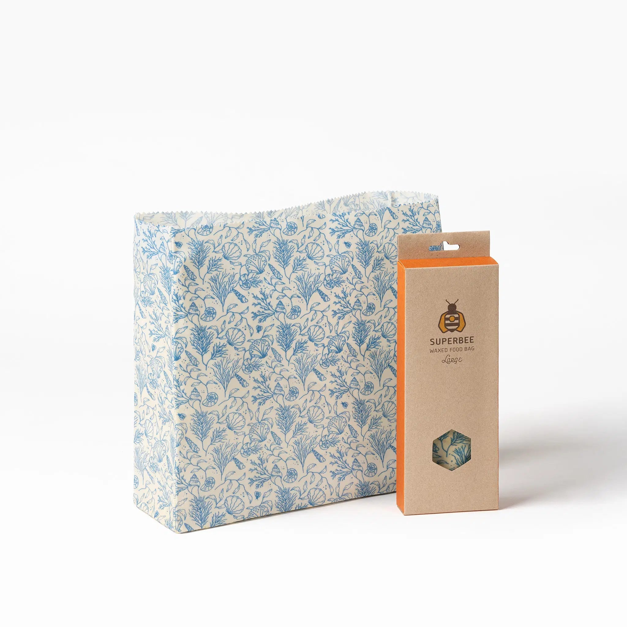 SuperBee Australia large reusable beeswax food storage bag in sea floor blue print with matching cardboard packaging