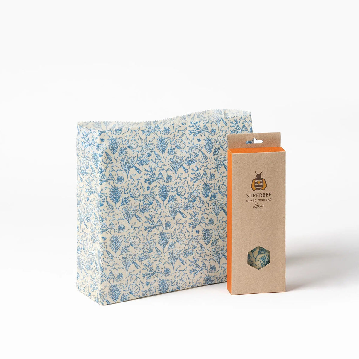 SuperBee Australia large reusable beeswax food storage bag in sea floor blue print with matching cardboard packaging