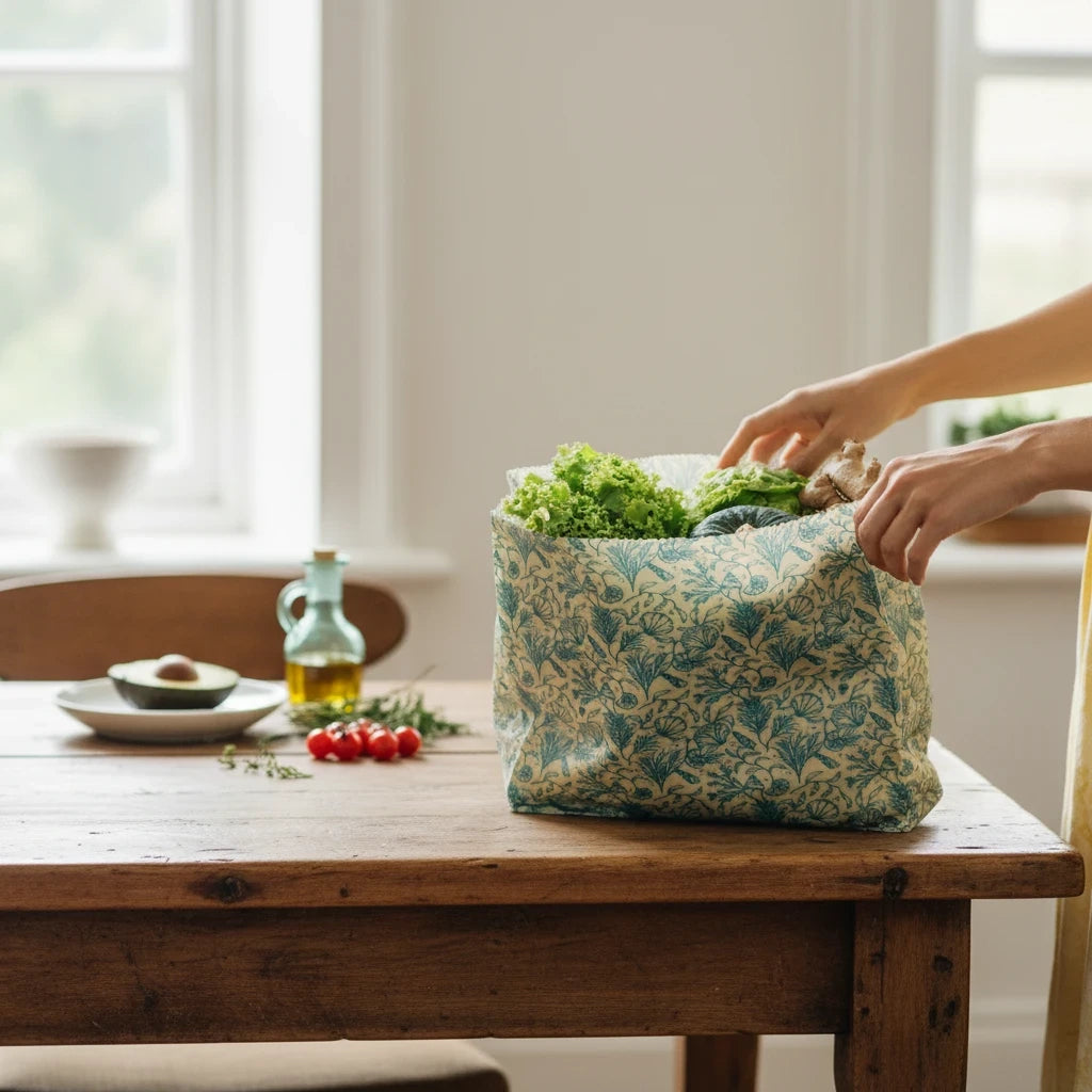 SuperBee Australia large reusable beeswax food storage bag in sea floor print filled with fresh greens on a table