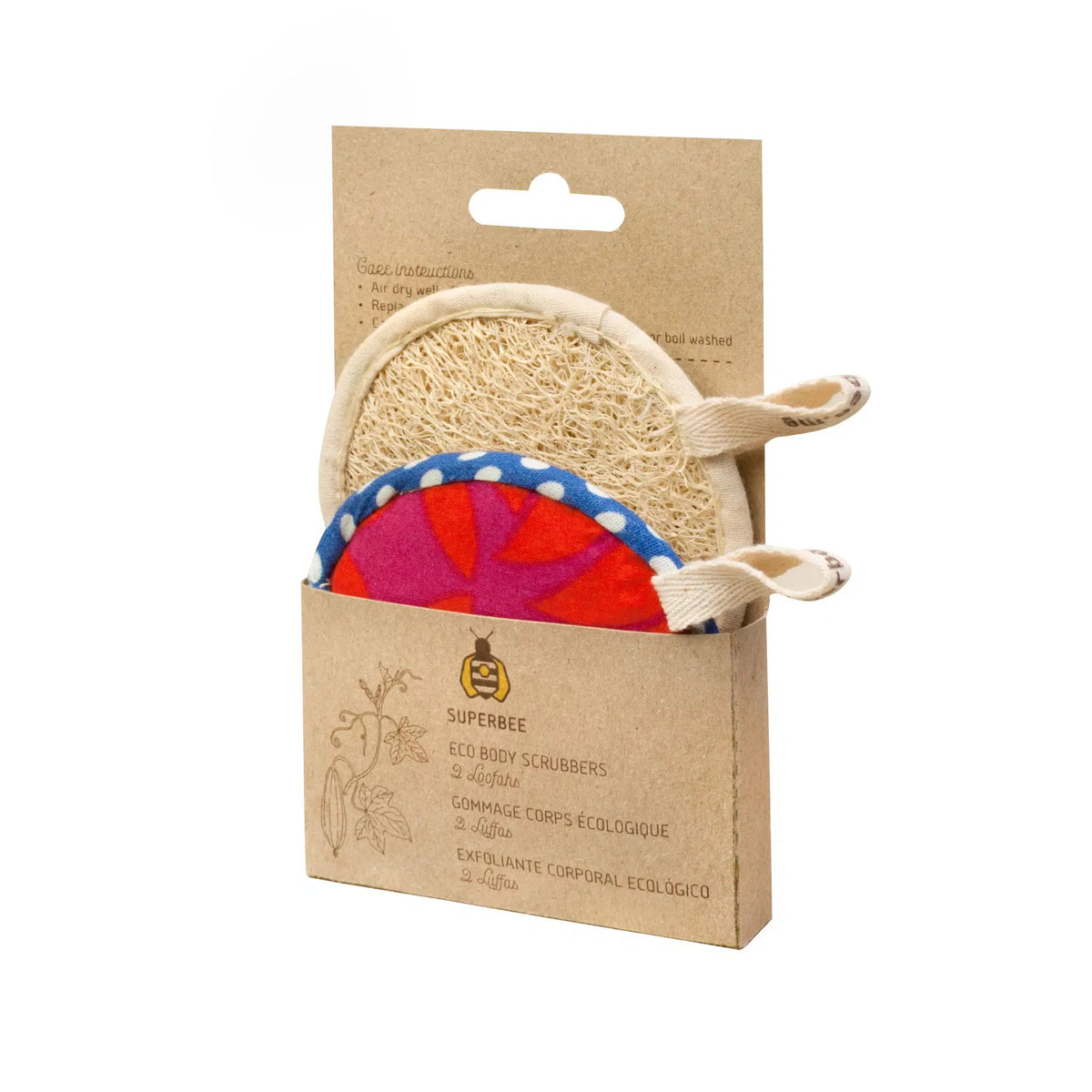 SuperBee Australia plastic-free bathroom starter kit featuring two natural loofah body scrubbers in recycled packaging