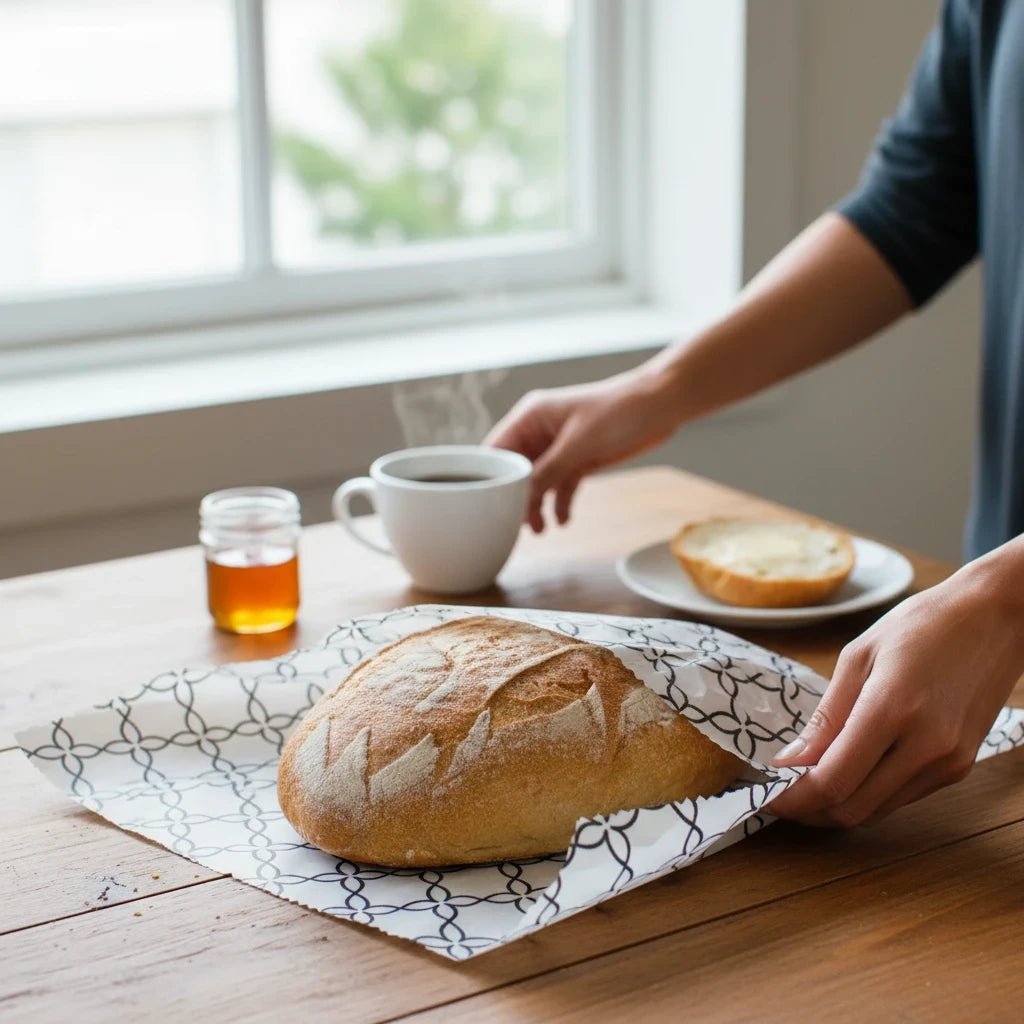 SuperBee Australia extra large Meadow beeswax wrap covering a loaf of sourdough bread on a wooden kitchen table