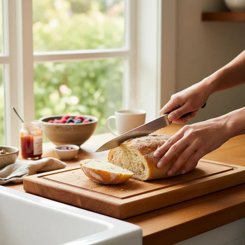 SuperBee Australia extra large meadow beeswax wrap covering a loaf of bread on a wooden cutting board in a kitchen