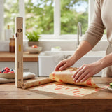 SuperBee Australia beeswax wrap roll with mushroom print being used to wrap bread on a wooden kitchen counter