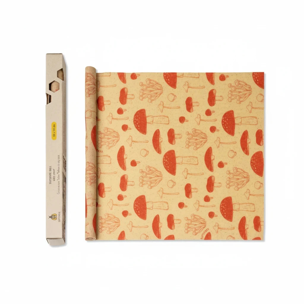 SuperBee Australia reusable beeswax wrap roll with a red mushroom pattern on a natural beige background.