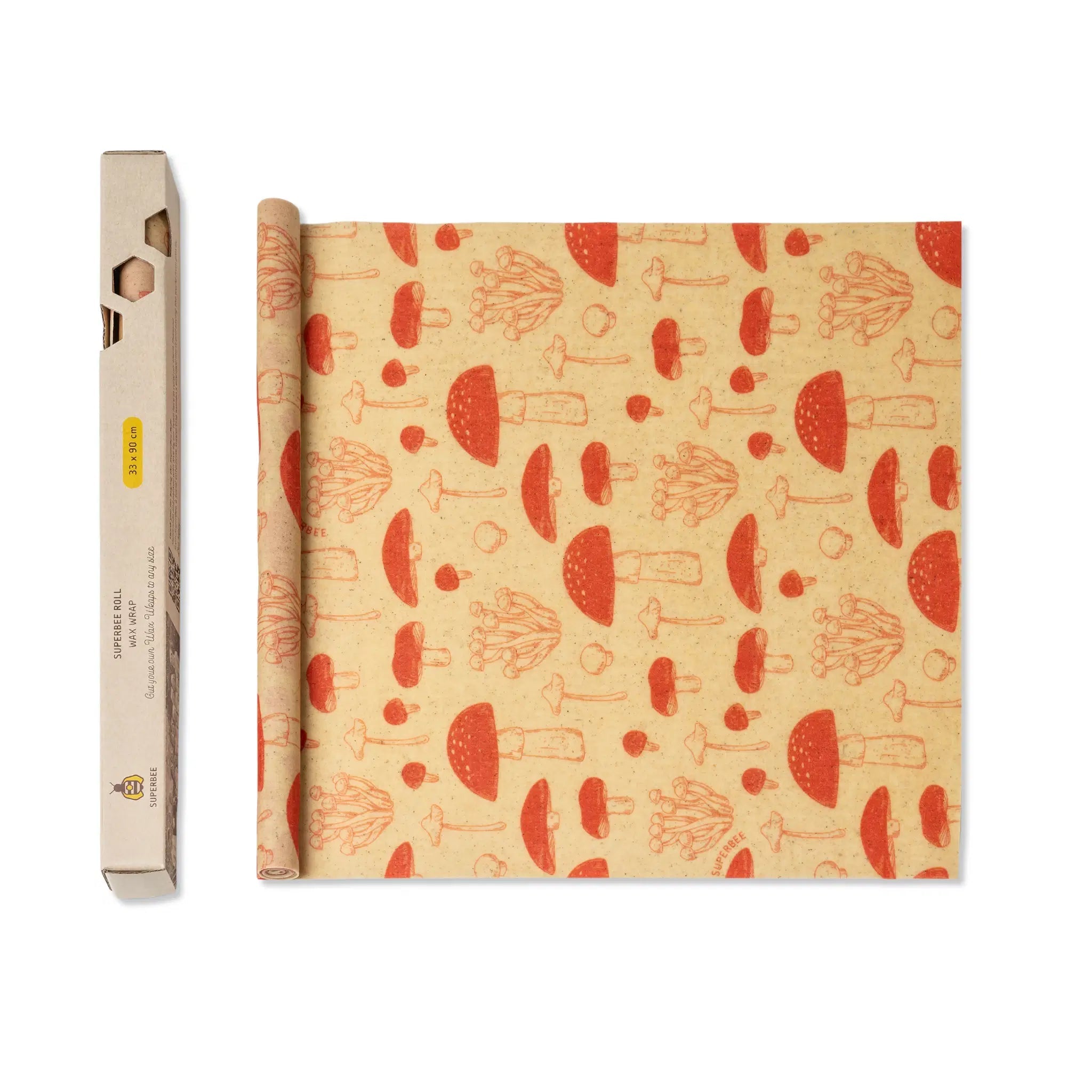 SuperBee Australia reusable beeswax wrap roll featuring a red mushroom pattern on a natural beige background