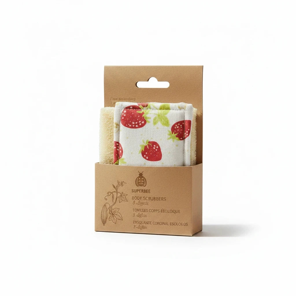 SuperBee Australia 2-pack natural loofah body scrubbers with strawberry print organic cotton backing in packaging