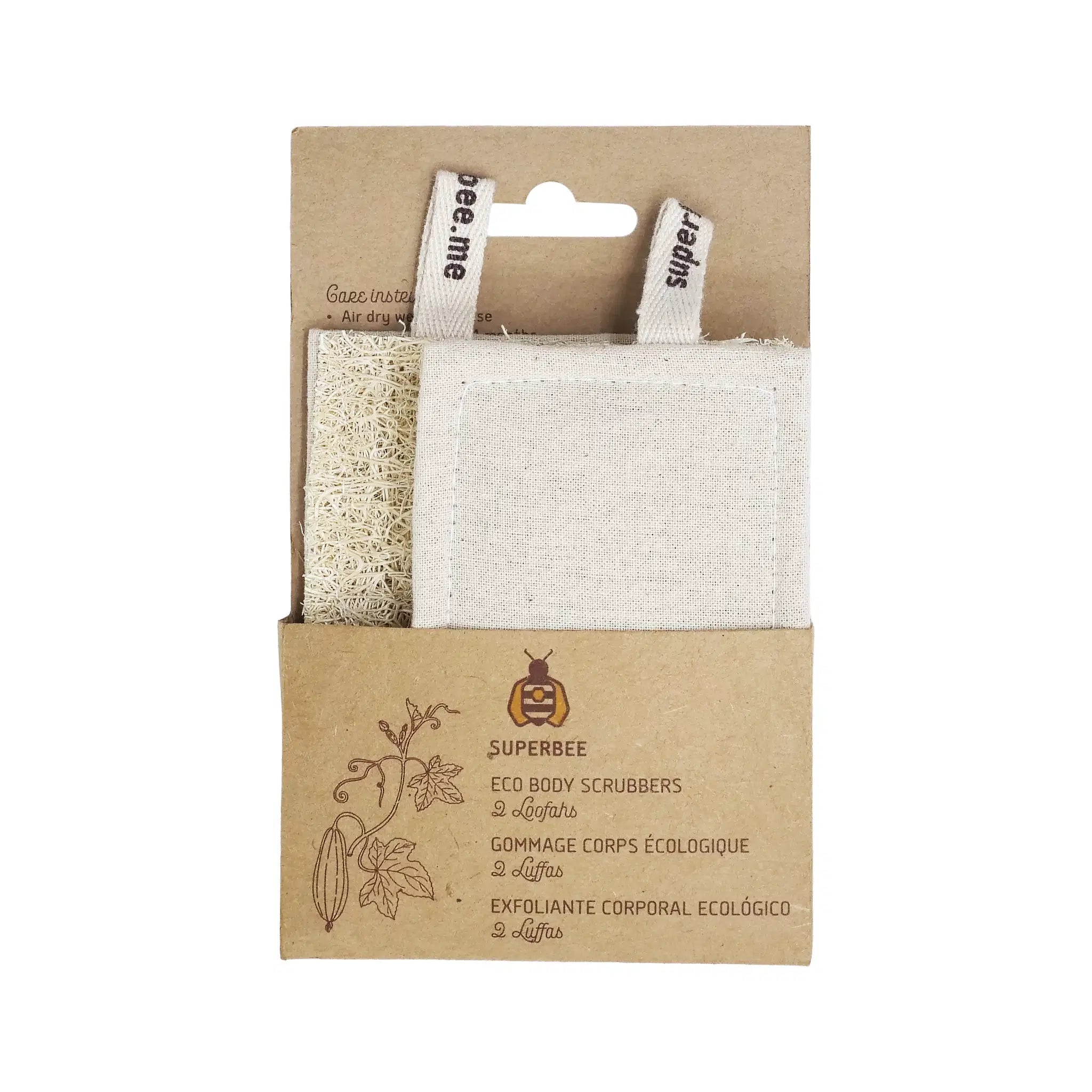 SuperBee Australia 2-pack natural loofah body scrubbers with organic cotton backing in eco-friendly packaging.