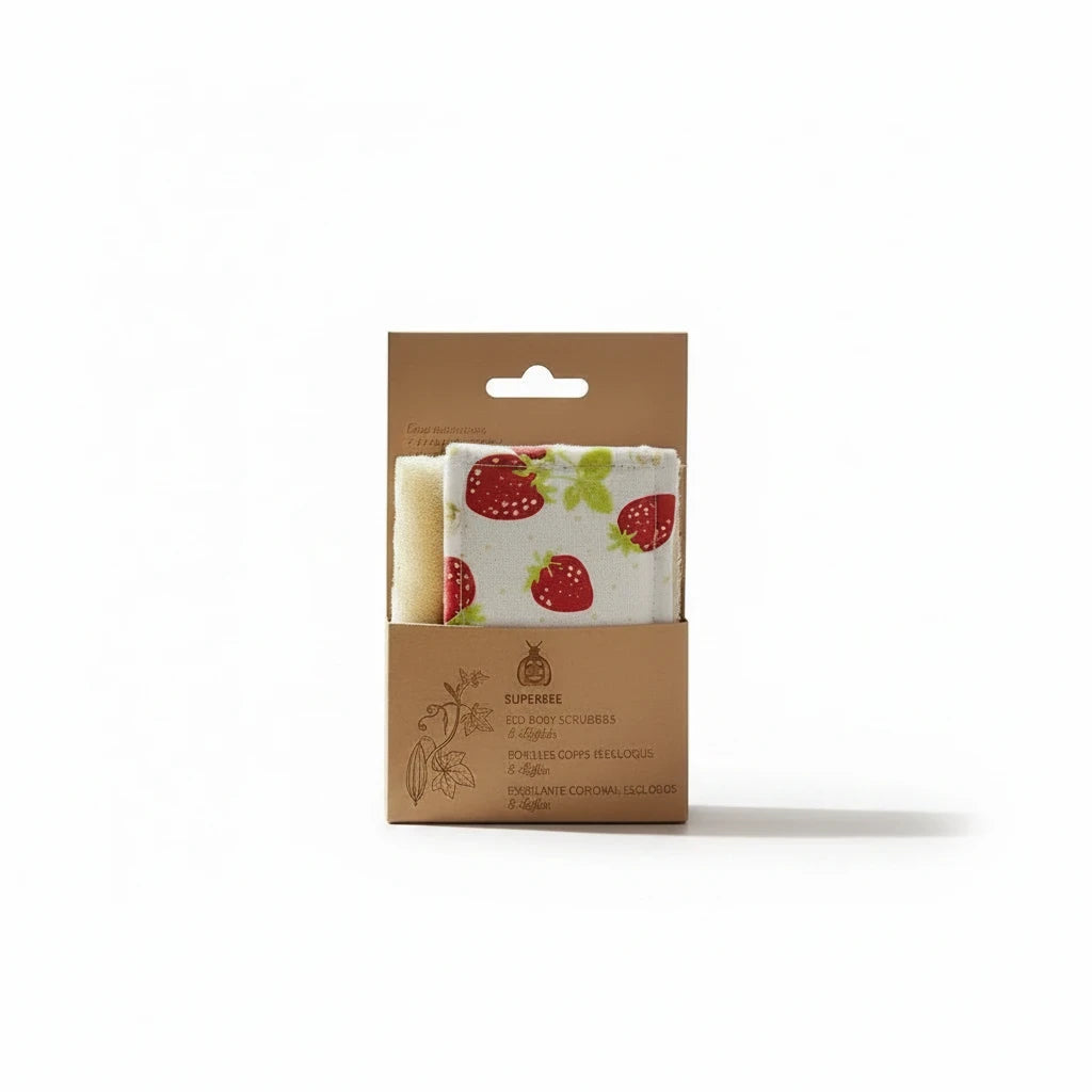 SuperBee Australia 2-pack natural loofah body scrubbers with organic cotton backing and strawberry print