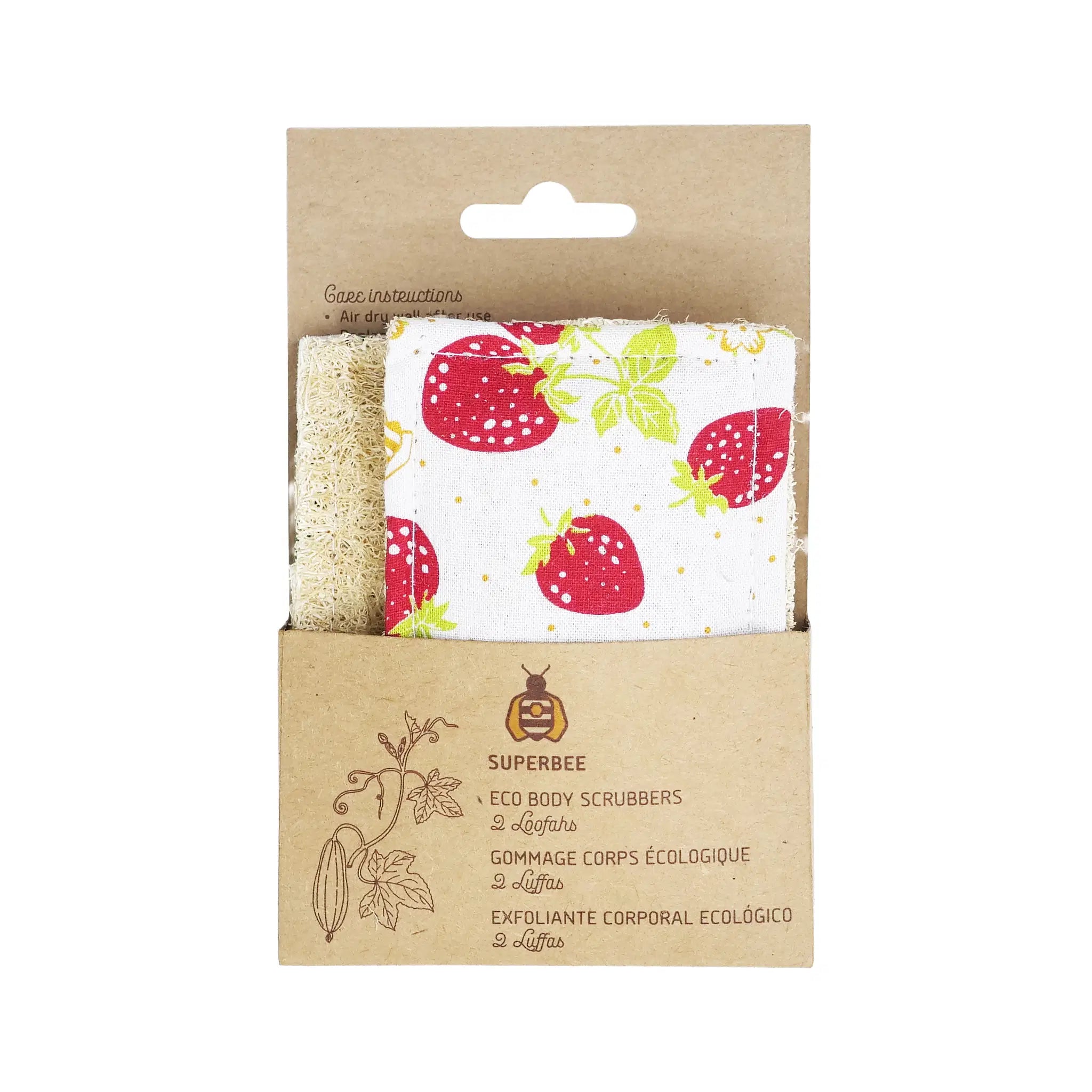 SuperBee Australia natural loofah shower sponges with strawberry print organic cotton backing in eco-friendly packaging