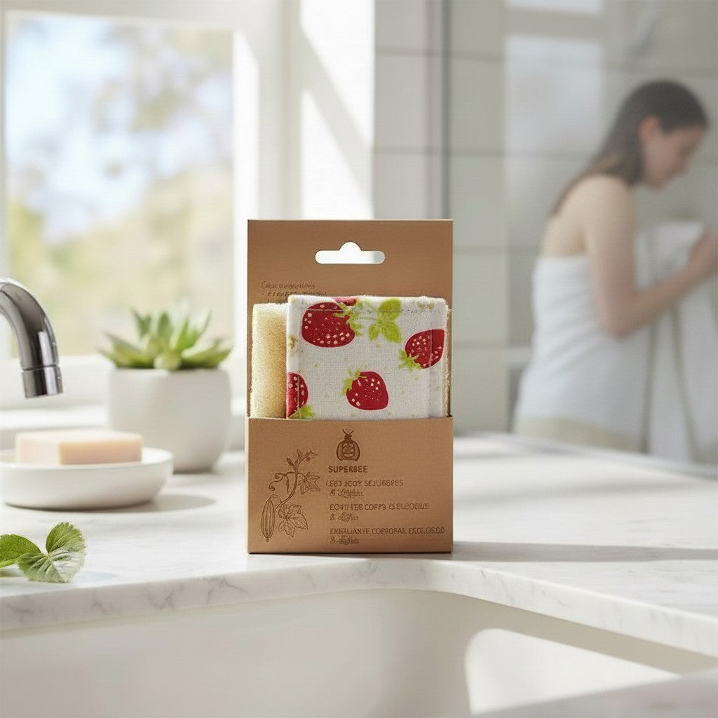 SuperBee Australia 2-pack natural loofah shower sponges with strawberry print organic cotton backing in packaging.