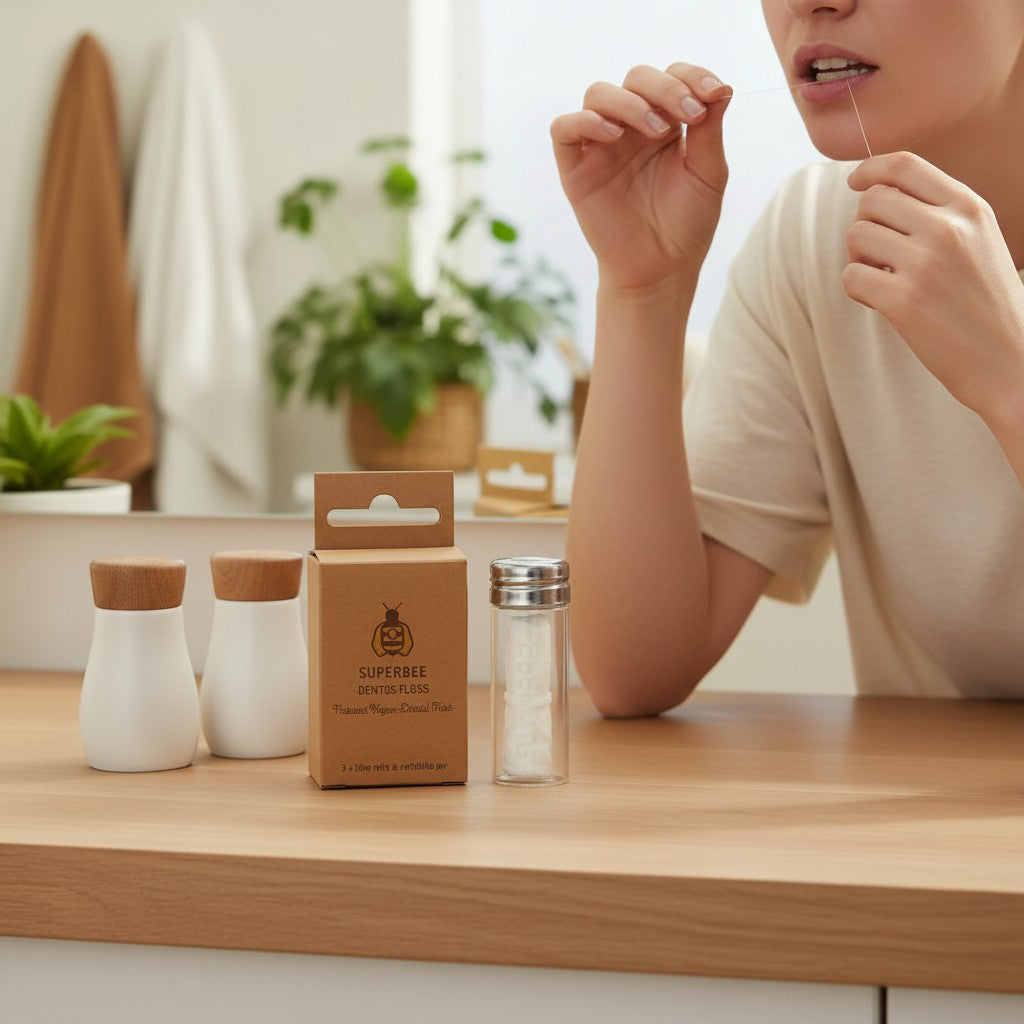 SuperBee Australia plastic-free dental floss made from organic corn fibre in a glass dispenser on a wooden table.