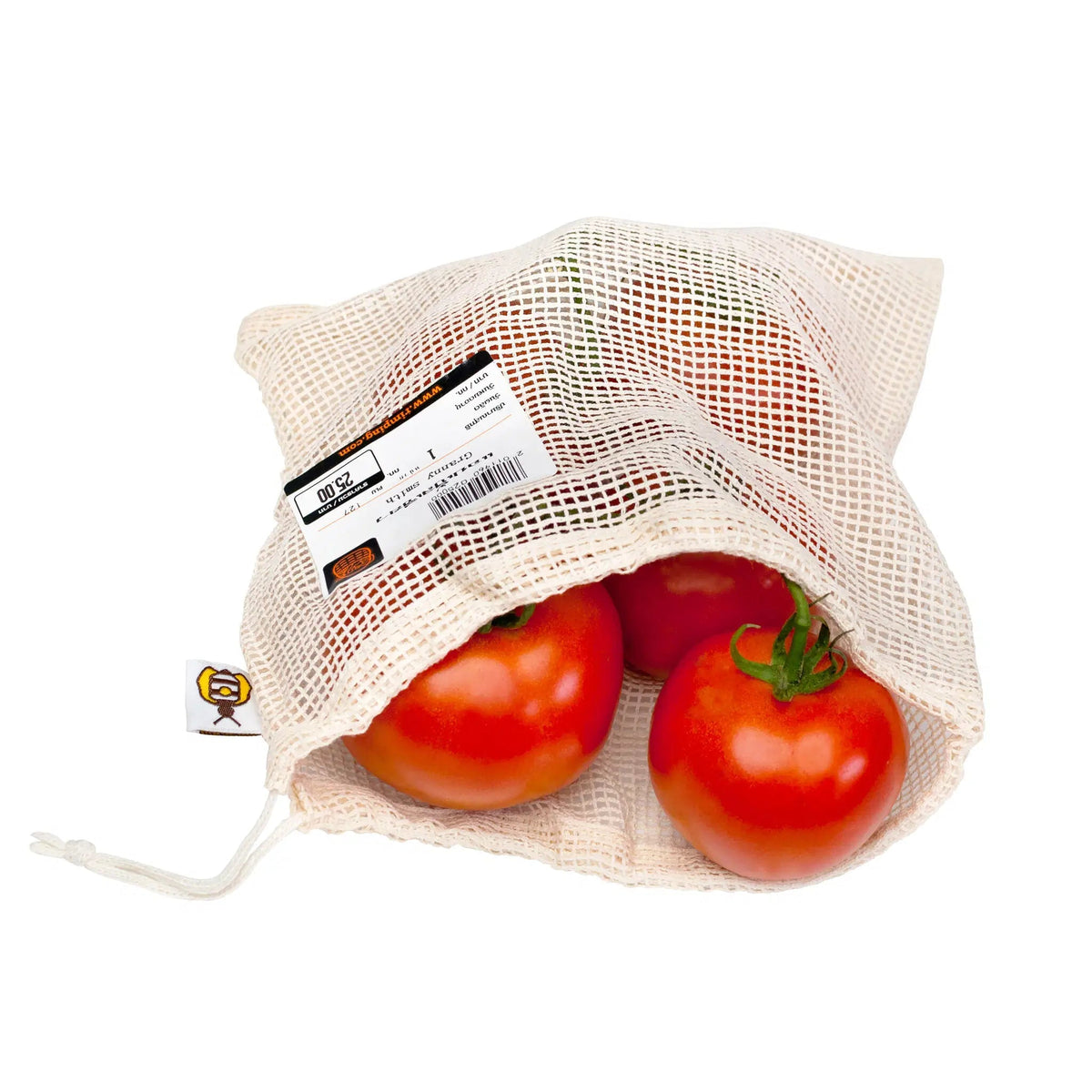 SuperBee Australia organic cotton mesh produce bag filled with fresh red tomatoes on a white background