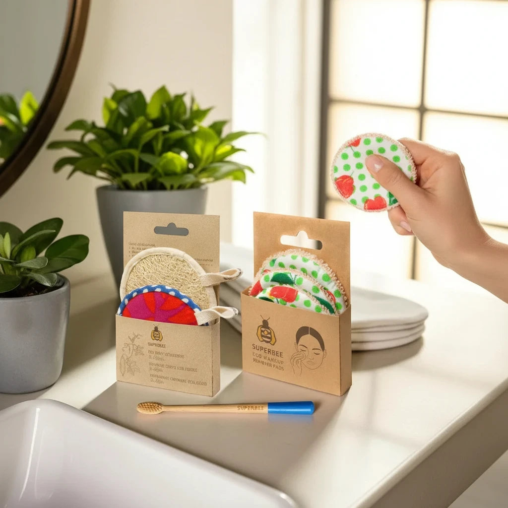 SuperBee Australia plastic-free bathroom starter kit with loofahs, reusable makeup pads, and a bamboo toothbrush.
